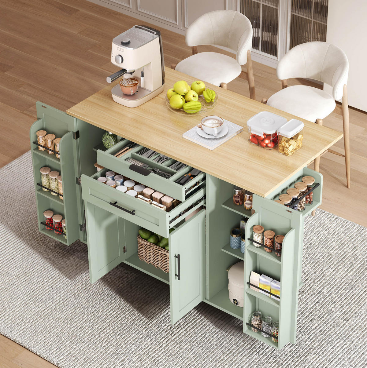 KÜCHENINSEL mit ausziehbarer Arbeitsplatte 136 x 70 x 92 cm Antikgrün - Grün, Holz (70/92/136cm) - Beauniv