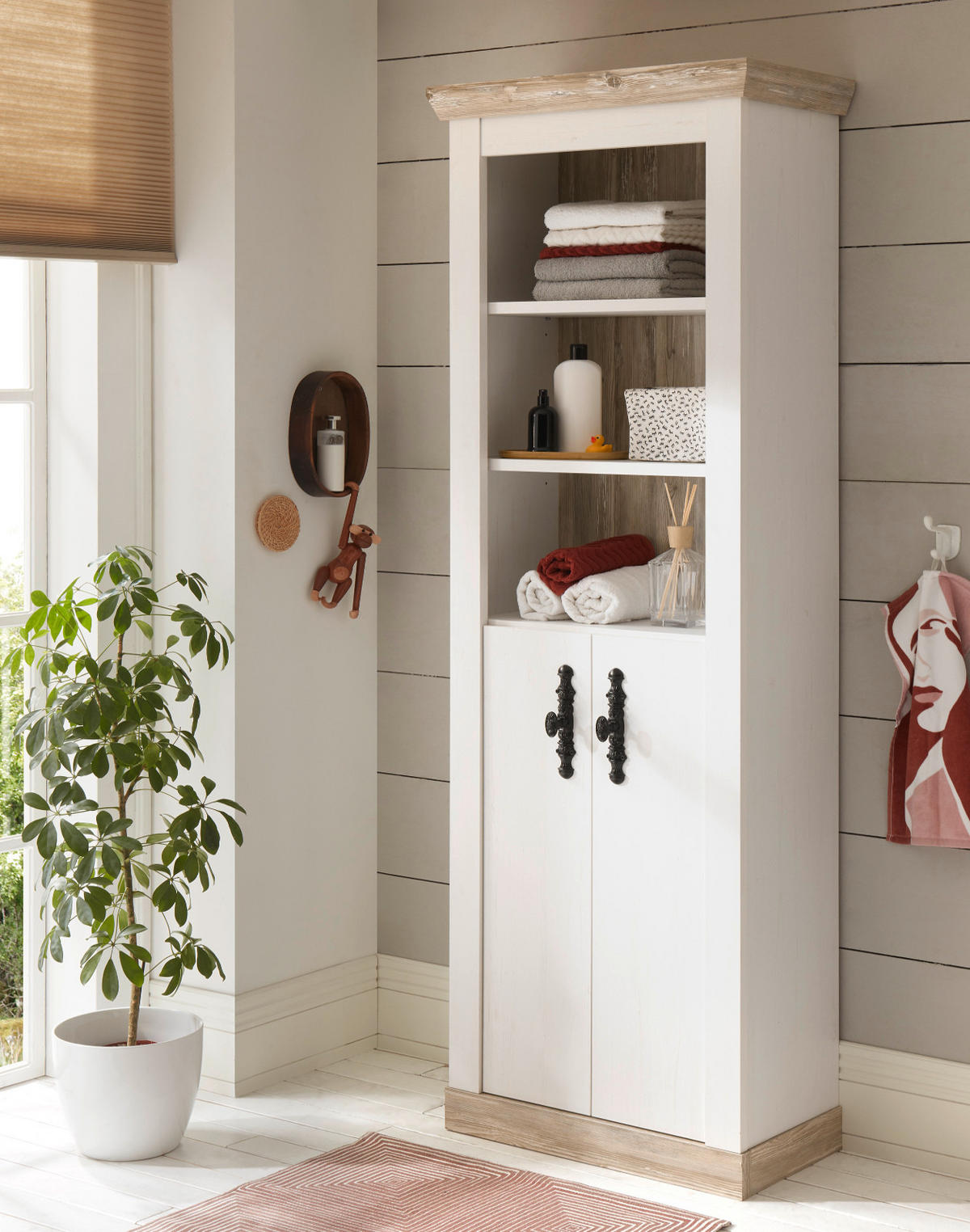 BAD-HOCHSCHRANK Pinie weiß, Oslo Pinie Landhaus, Badschrank, 65 x 200 cm - Dunkelgrau/Weiß, Holzwerkstoff/Metall (65/200/35cm) - Furn.Design