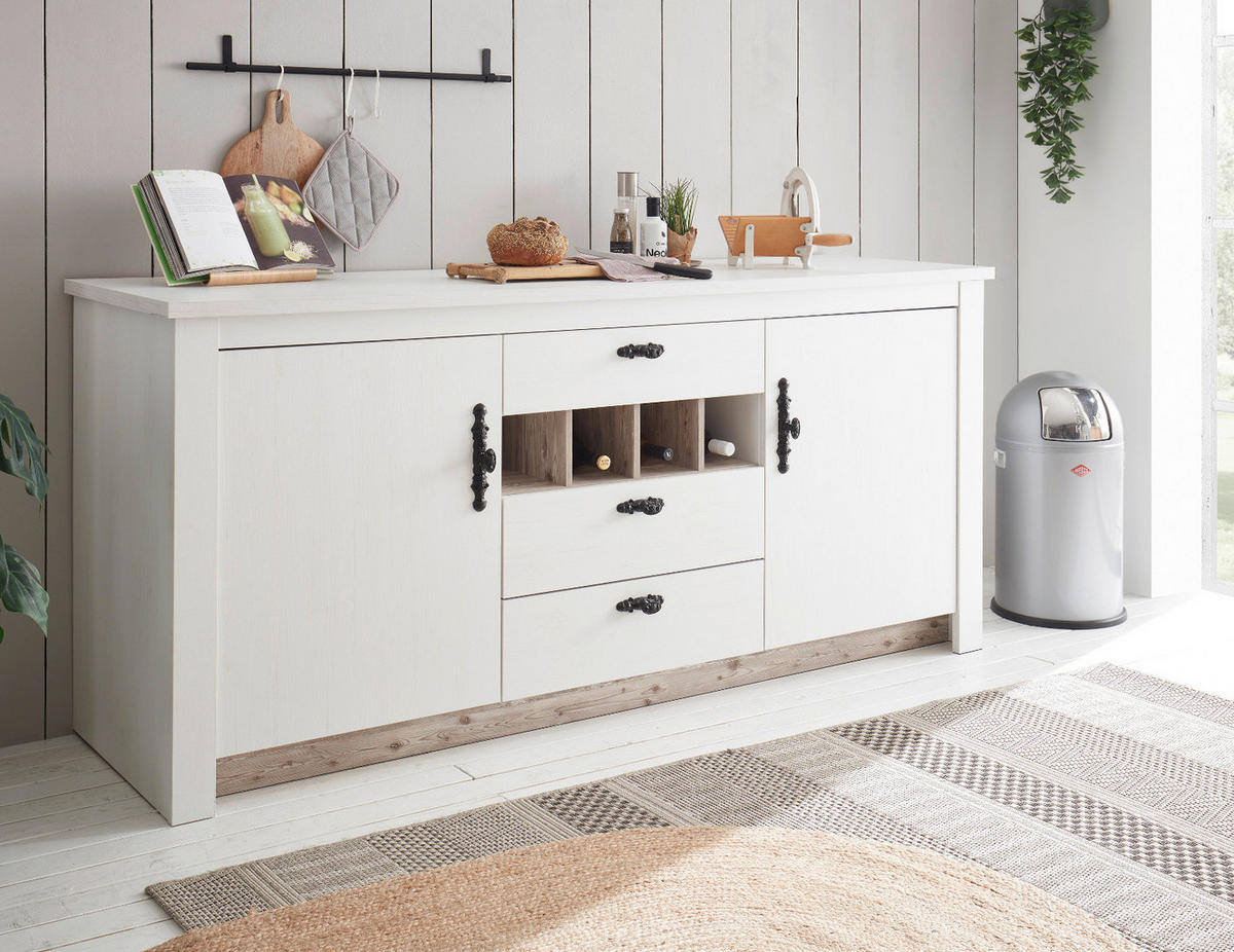 KÜCHENSCHRANK weiß Pinie Landhaus, Küche Unterschrank für Spüle oder Kochfeld 202 cm, Soft-Close - Schwarz/Weiß, Holzwerkstoff/Metall (202/92/60cm) - Furn.Design