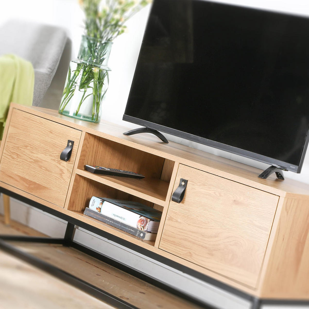 TV-MÖBEL Eiche Dekor 2 Türen und zentrale Ablage - L120 cm - Nussbaumfarben, Holzwerkstoff (39/48/120cm) - Calicosy