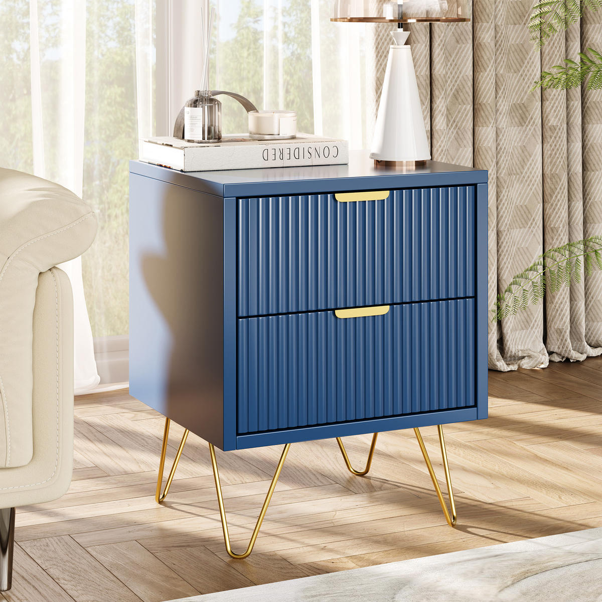 NACHTTISCH 40x35x50 cm, 2 Schubladen, modernes Design, Blau - Blau, Holz (40/50/35cm)