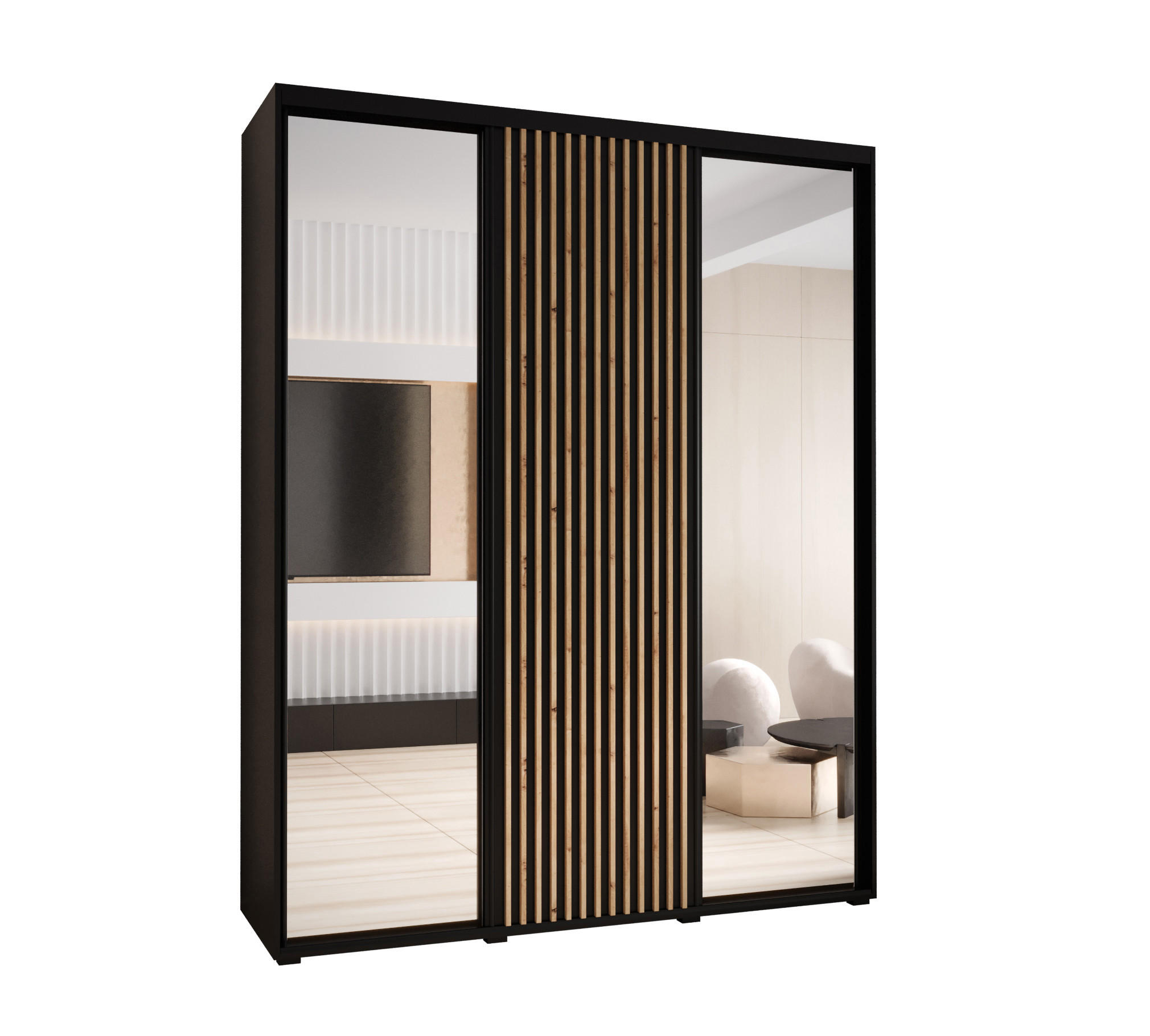 Abiks Möbel Schwebetürenschrank Schwarz, Schwarz, Eiche Artisan 200x235x45 cm