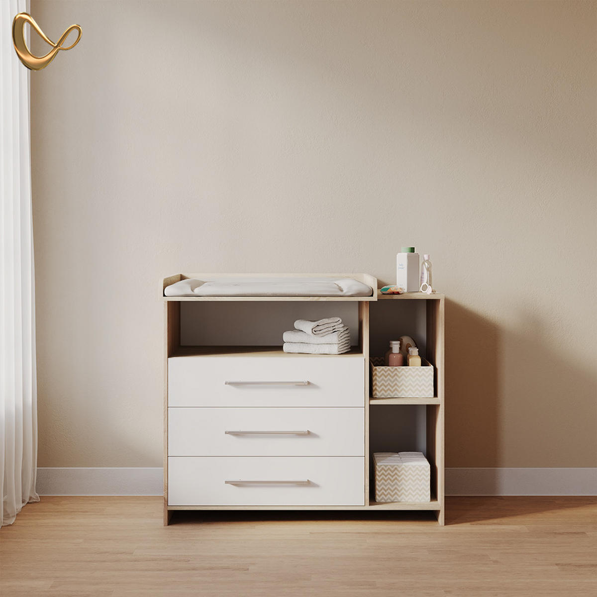 WICKELKOMMODE Torino Weiß/Sonoma mit Schubladen - Weiß/Sonoma Eiche, Holzwerkstoff (113/100/53cm) - Livinity®