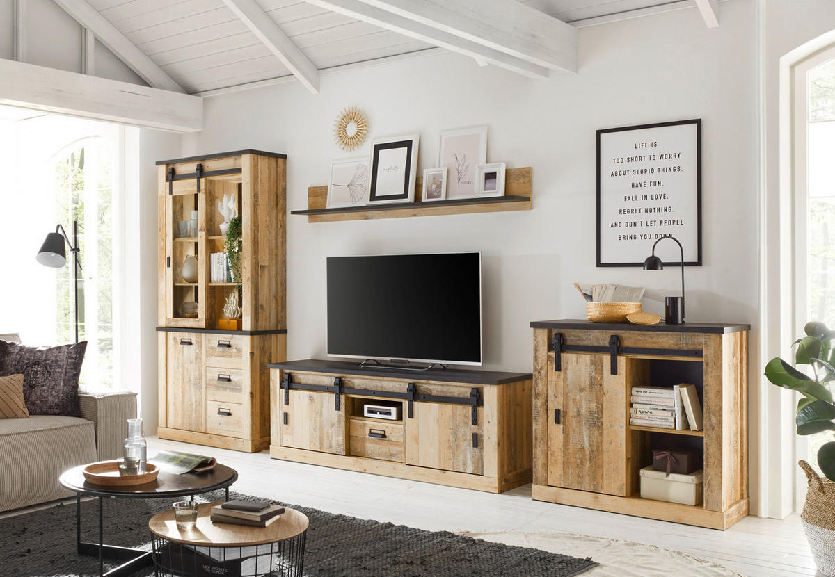 WOHNWAND Used Wood hell, anthrazit 4-teilig 388 cm, Wohnkombination, viel Stauraum - Anthrazit/Schwarz, Holzwerkstoff/Metall (388/201/43cm) - Furn.Design