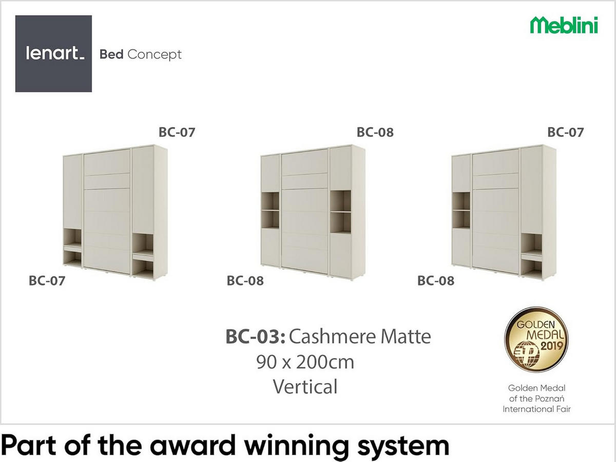SCHRANKBETT BC-03 - 90x200cm Vertikal - Kaschmir mit Matratze - Kaschmir, Holzwerkstoff (90/200cm) - Meblini