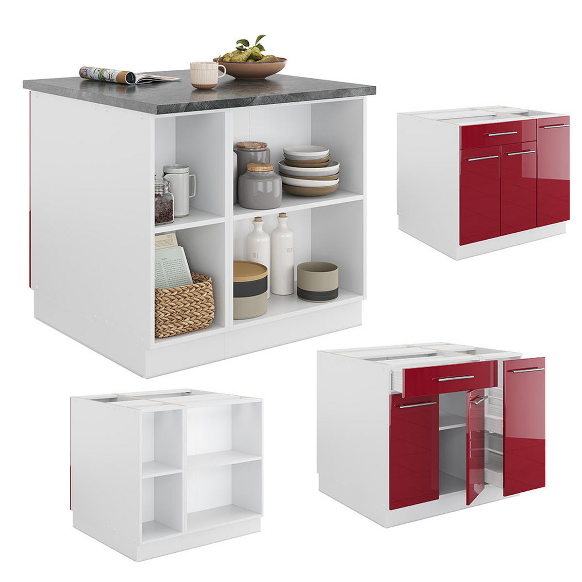 KÜCHENINSEL Fame-Line Bordeaux Hochglanz/Weiß 90 cm mit Schublade ohne AP - Bordeaux/Weiß, Holzwerkstoff (90/82/60cm) - Vicco
