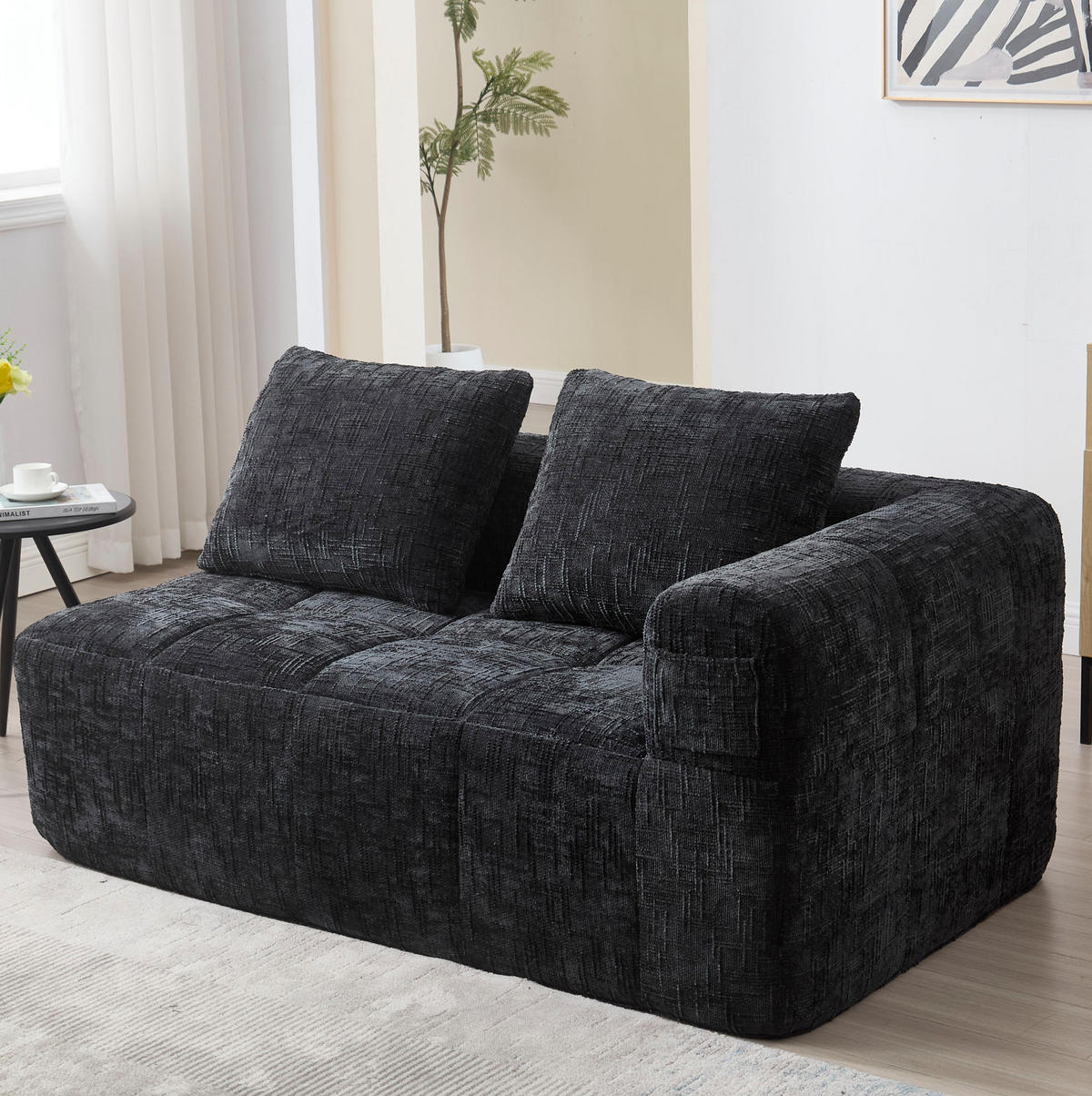 SOFA od chenillea, 158/90/60 cm crna, s bočnim džepovima i jastukom - crna, tekstil (60/160/90cm) - BEAOK