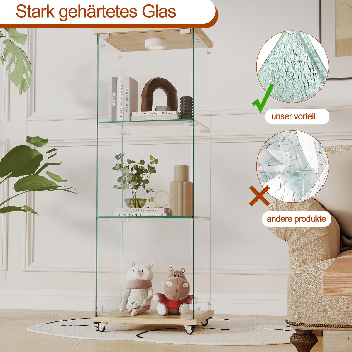 VITRINE in Naturfarben Glasvitrine mit LED-Beleuchtung für Wohn- und Schlafzimmer, B42.5/T36.5/H120cm - Naturfarben, Glas/Holzwerkstoff (42.5/120/36.5cm) - STILVORA