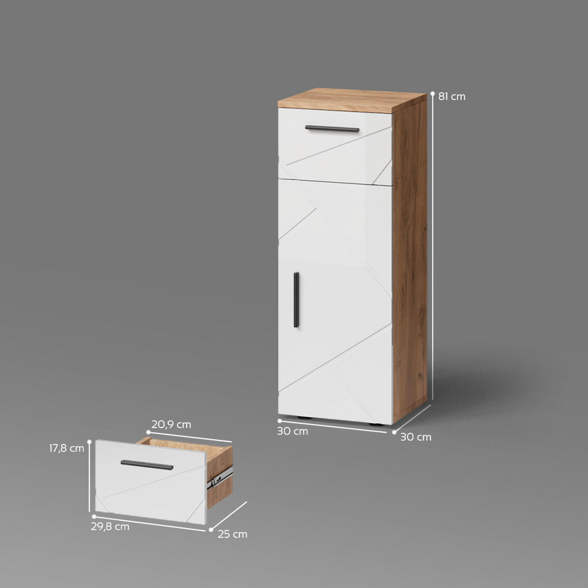 MIDISCHRANK Ronco Weiß Hochglanz/Goldkraft Eiche 30 x 81 cm - Weiß Hochglanz, Holzwerkstoff (30/81/30cm) - Livinity®