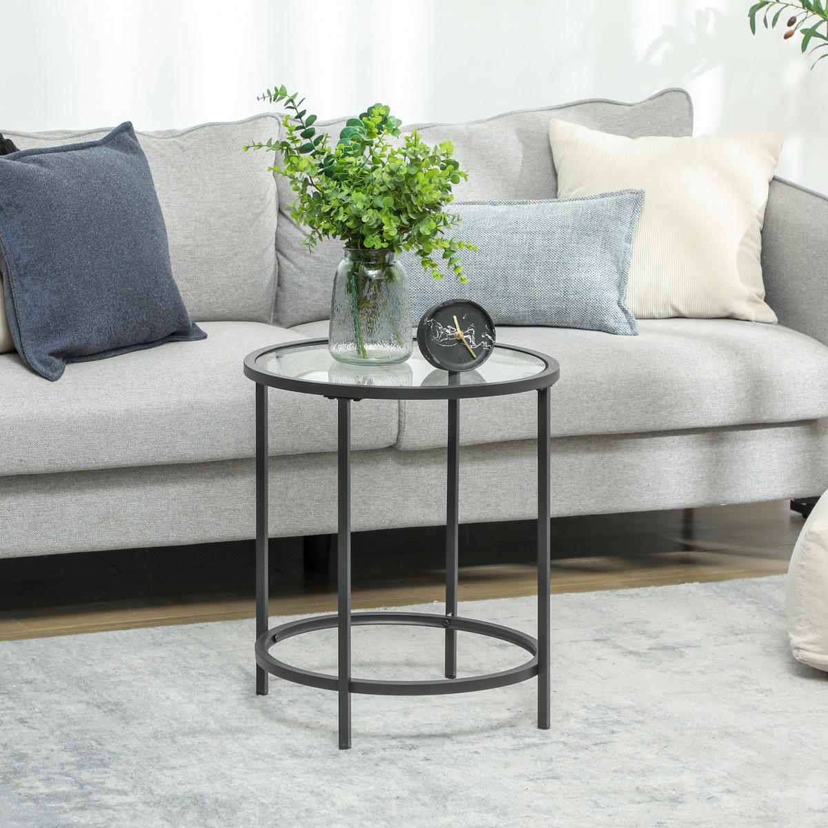BEISTELLTISCH Rund Couchtisch mit Tischplatte aus Glas, Metallrahmen, Schwarz - Schwarz, Metall (48/48/54.7cm) - HOMCOM