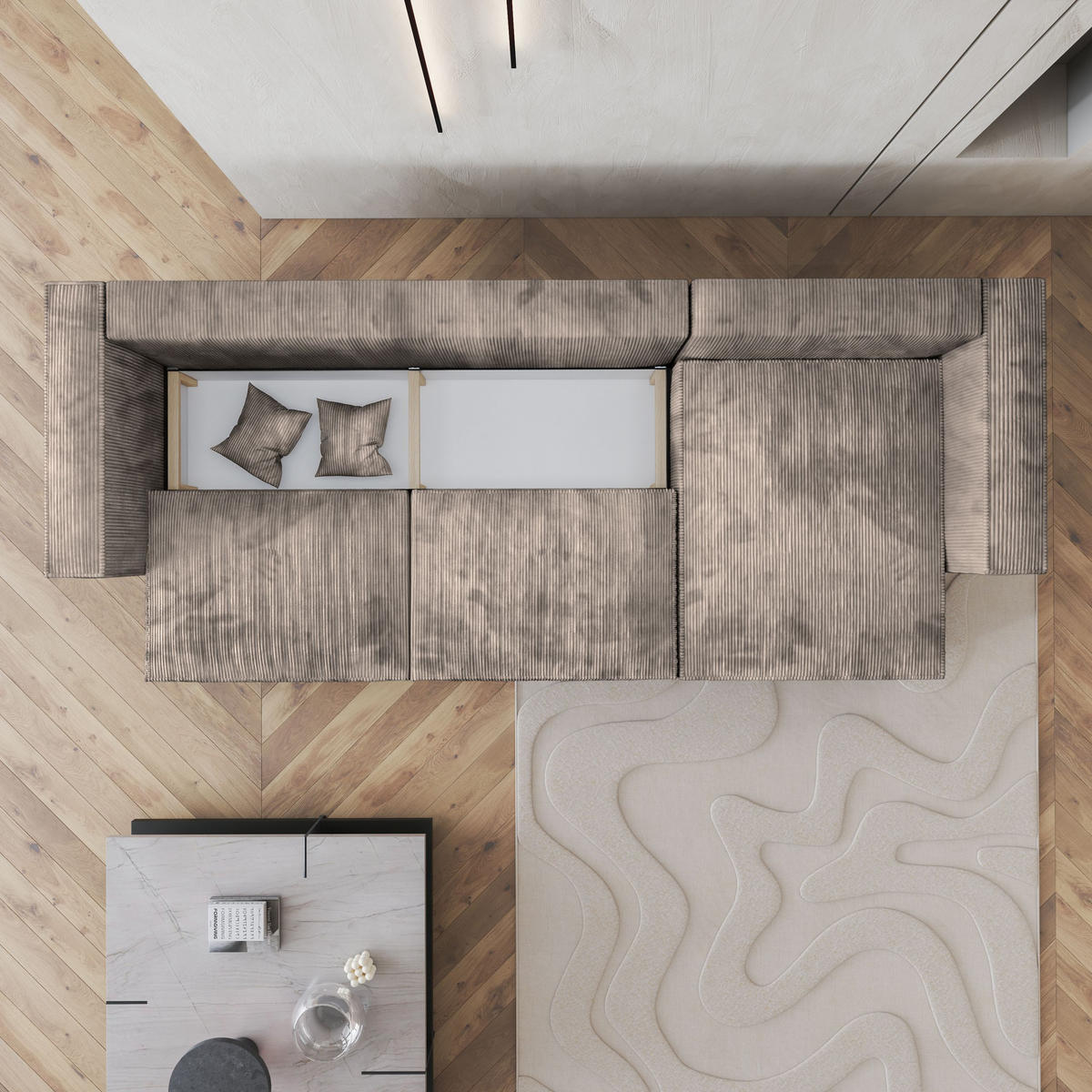 ECKSOFA TOLMO P Beige Kordstoff mit Schlaffunktion - Beige, Holz (347/148cm) - MASSENO