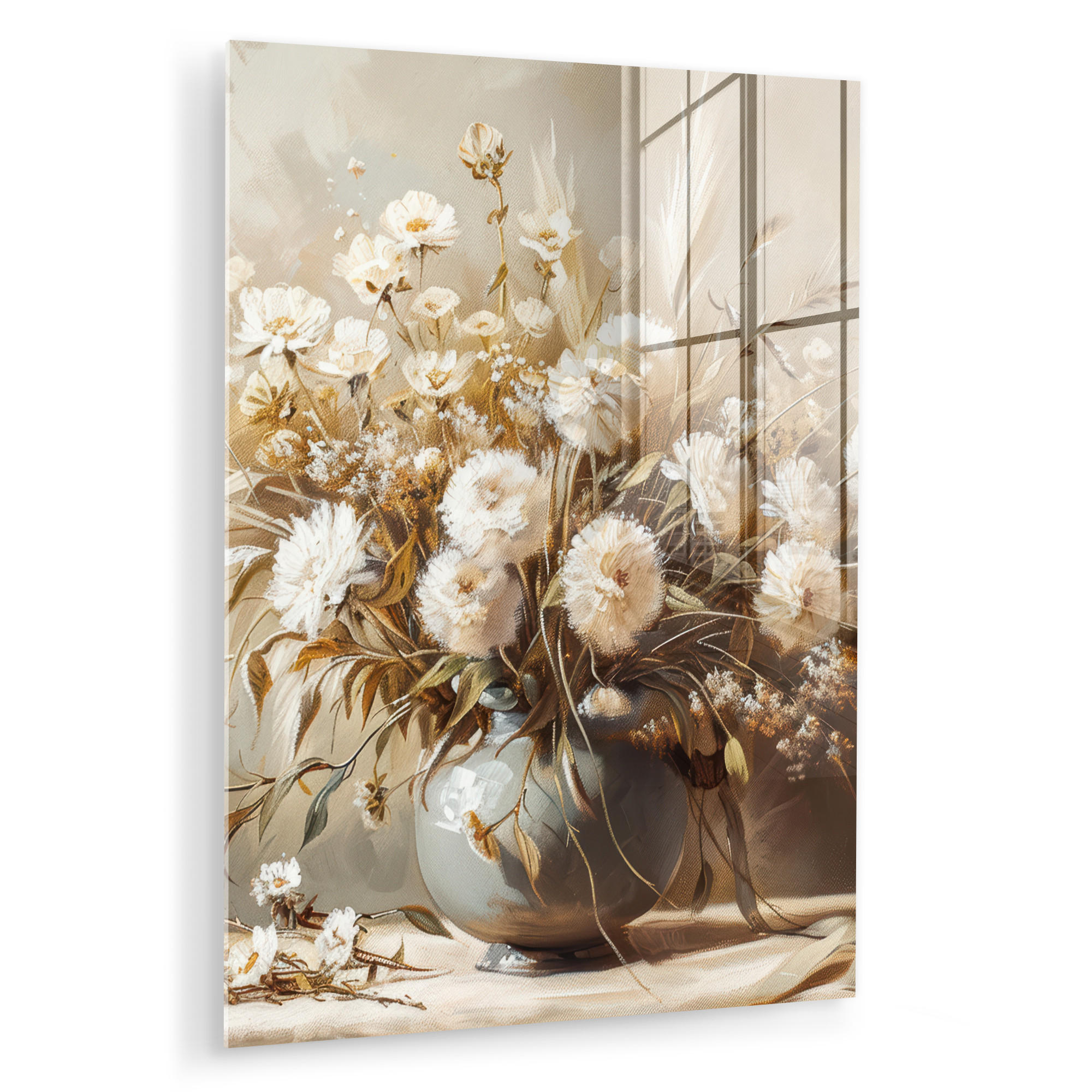 ACRYLGLASBILD Blumen - Vase - Stilleben - Beige 60x80 cm - Creme, Glas (60/80cm) - MuchoWow