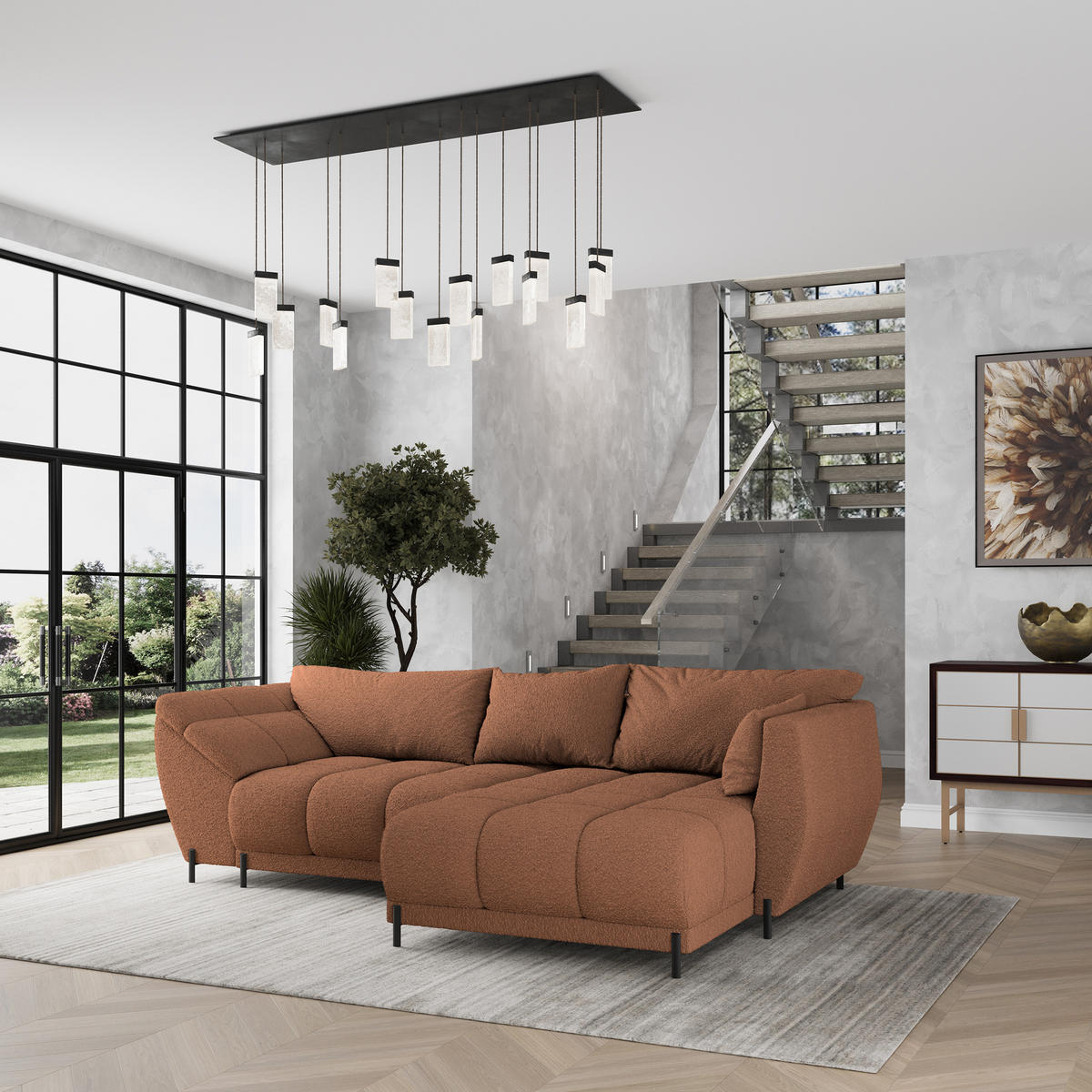 ECKSOFA VESTANO R-S Kupferfarben Boucle-Stoff mit Schlaffunktion - Kupferfarben, Holz (287/182cm) - MASSENO