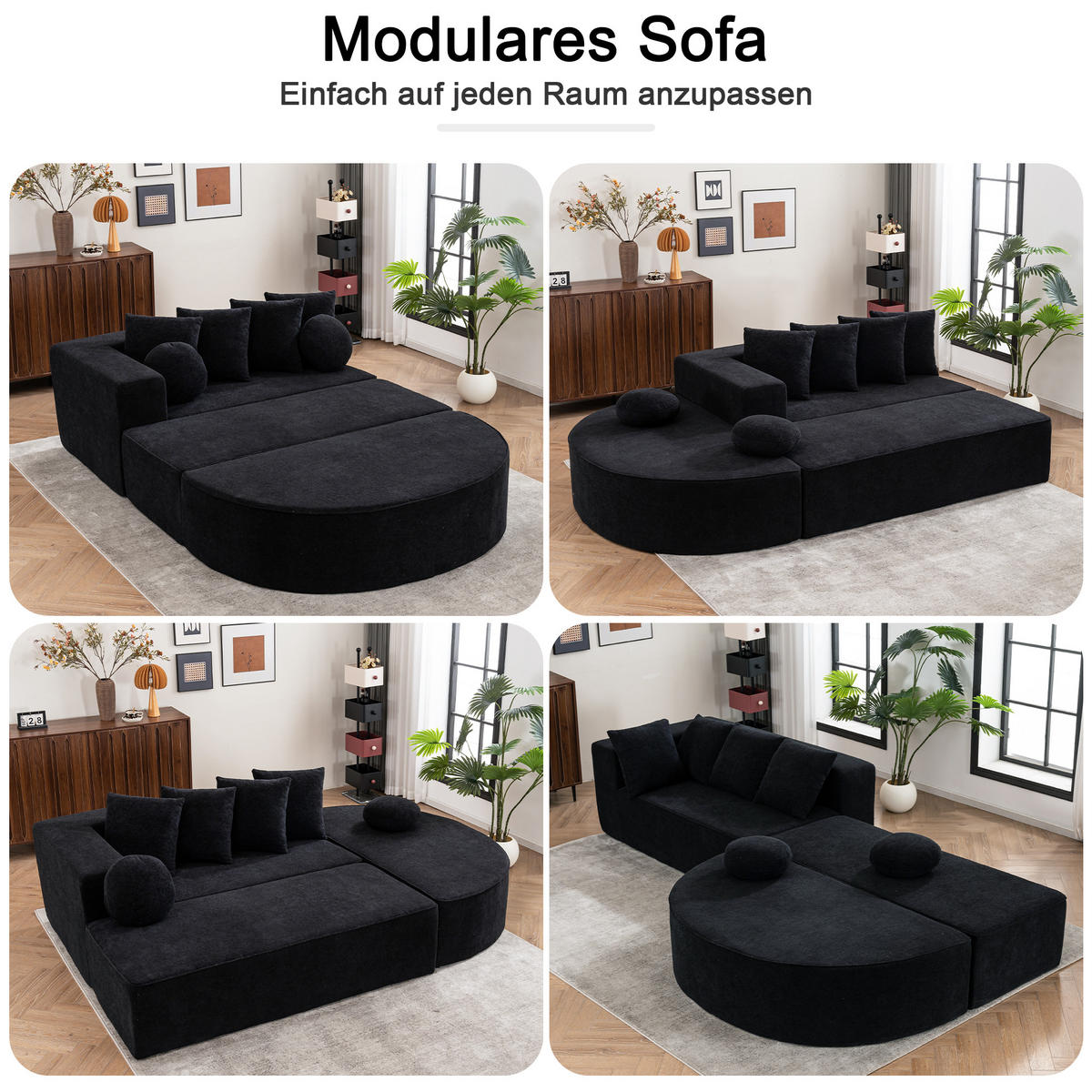 WOHNLANDSCHAFT Chenille Schwarz mit Kissen - Schwarz, Textil (263/66/171cm) - WISHDOR