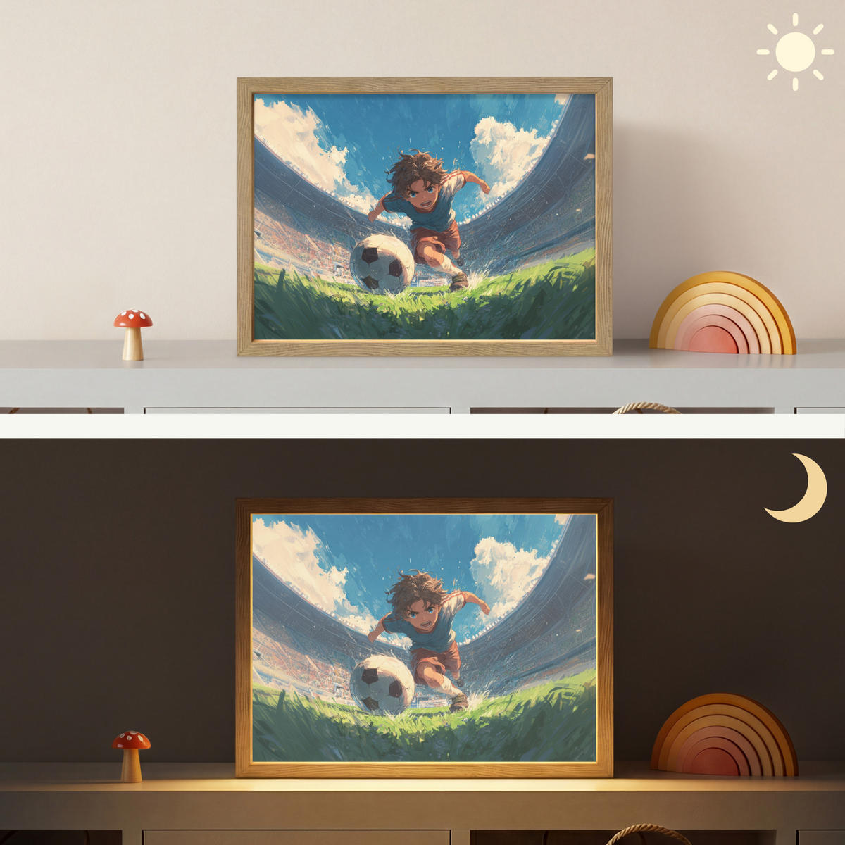 NÁSTĚNNÁ LAMPA S AKUMULÁTOREM Stadion - Fotbalista - Míč 40x30 cm - modrá, kompozitní dřevo (40/30/8cm) - OnlyWow