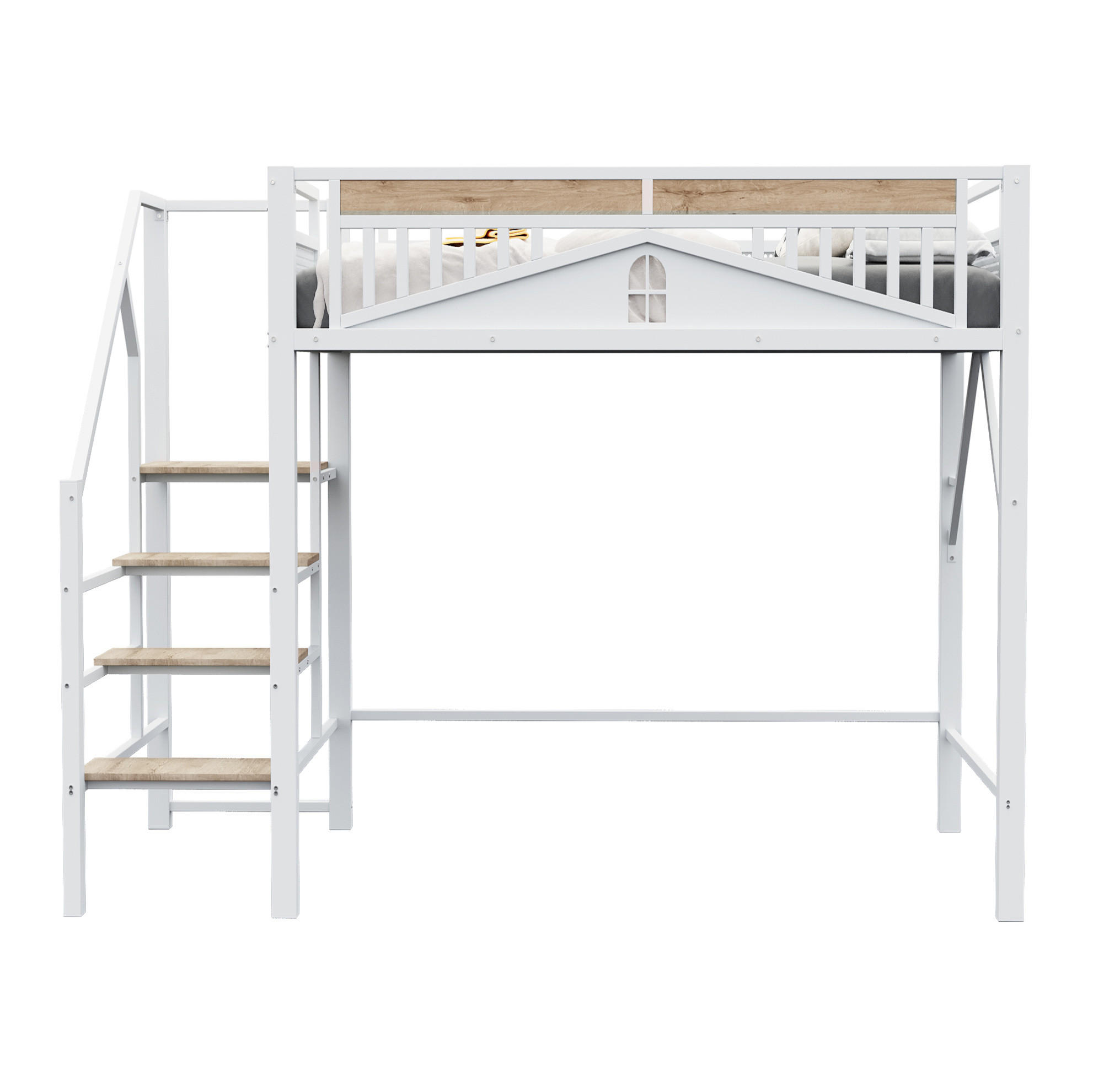 HOCHBETT aus Metall und Holz 140x200 cm Weiß mit Sicherheitsleiter, Stauraum und Fensterdesign - Weiß, Metall (140/200cm) - Modfu