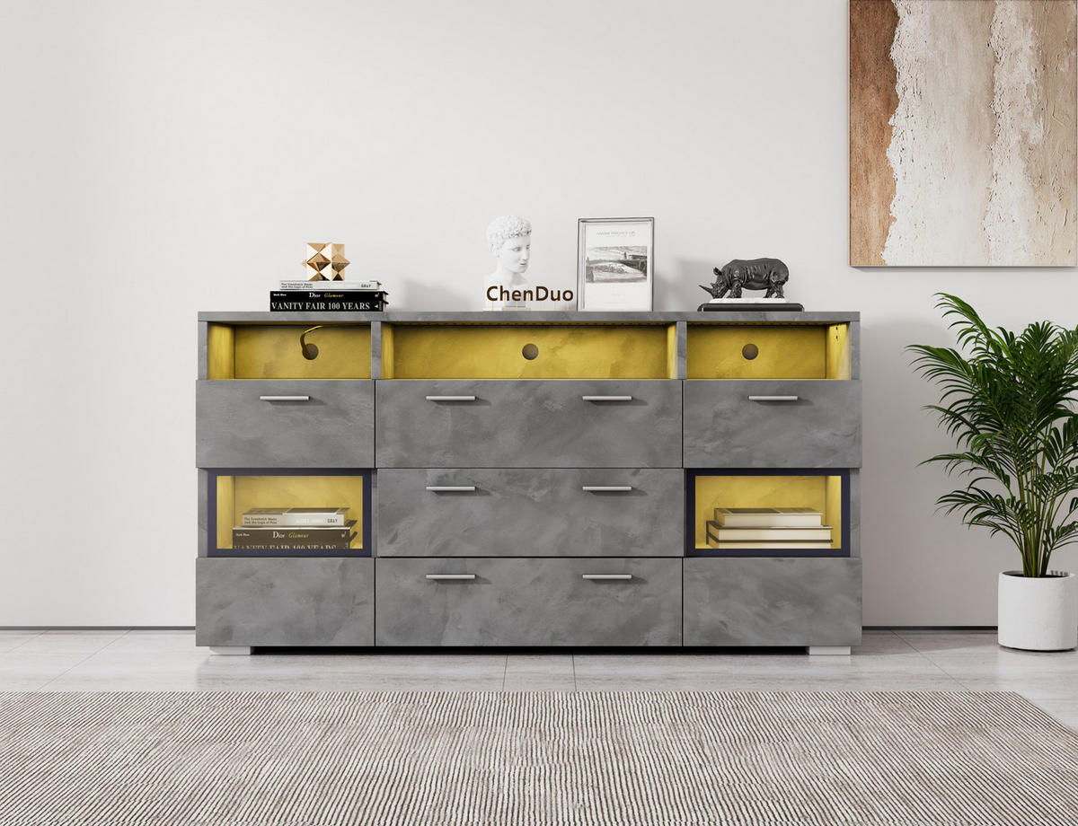 SIDEBOARD 140/33,5/72,5 cm mit LED, 2 Türen, 3 Schubladen & offenen Fächern - Grau, Holzwerkstoff (140/72.5/33.5cm) - BEAOK