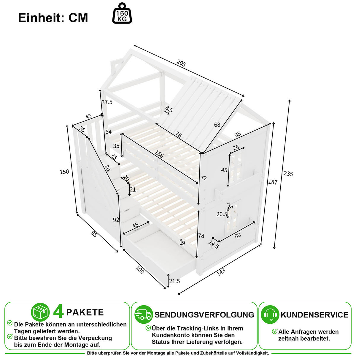 ETAGENBETT 90/200 cm in Weiß mit Stauraumtreppe, Schubladen und Regalen - Weiß, Holz/Holzwerkstoff (90/200cm) - CHICFURN