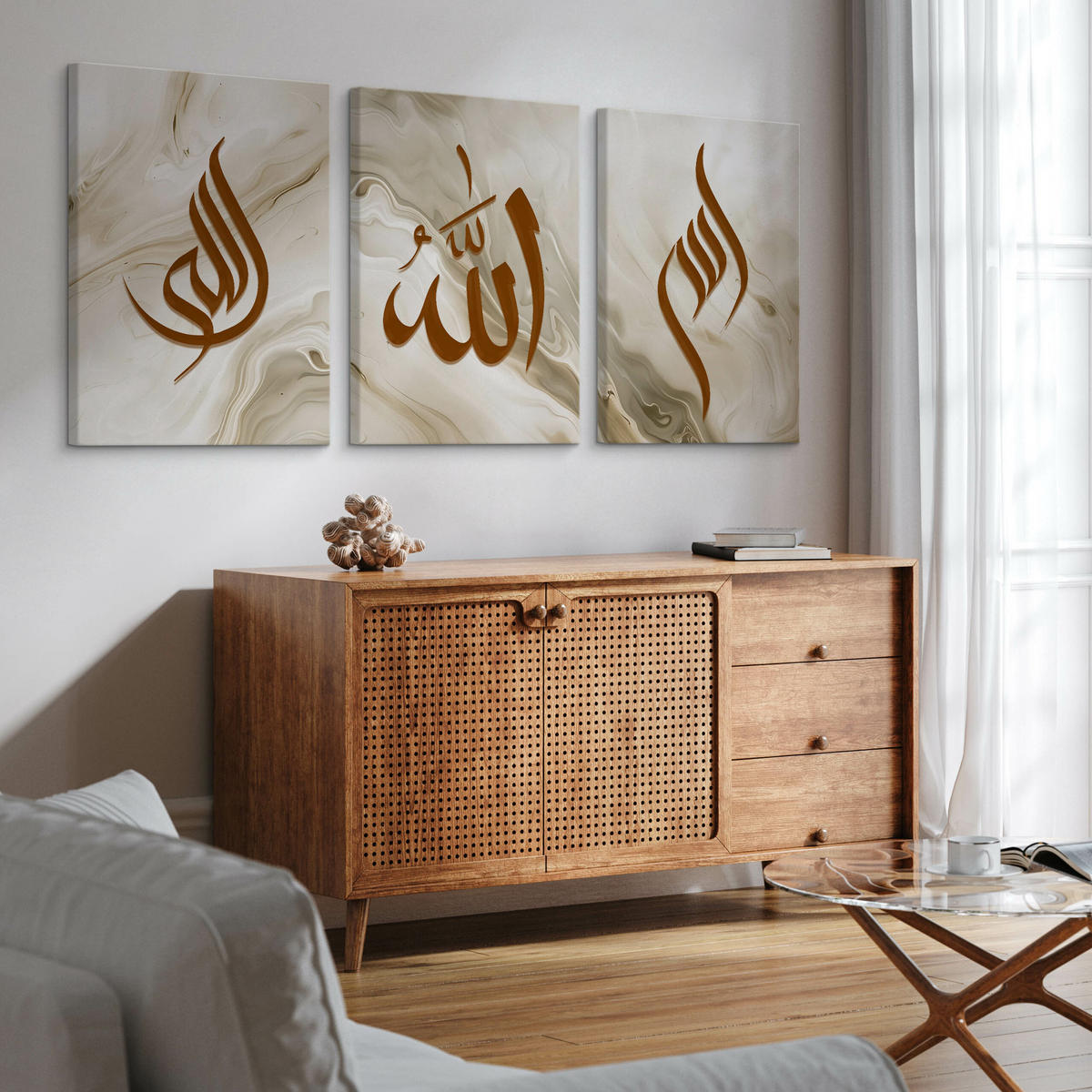 LEINWANDBILDER 3-es Set Marmor Symbole - Beige/Weiß, Textil (90/40cm) - Muralo