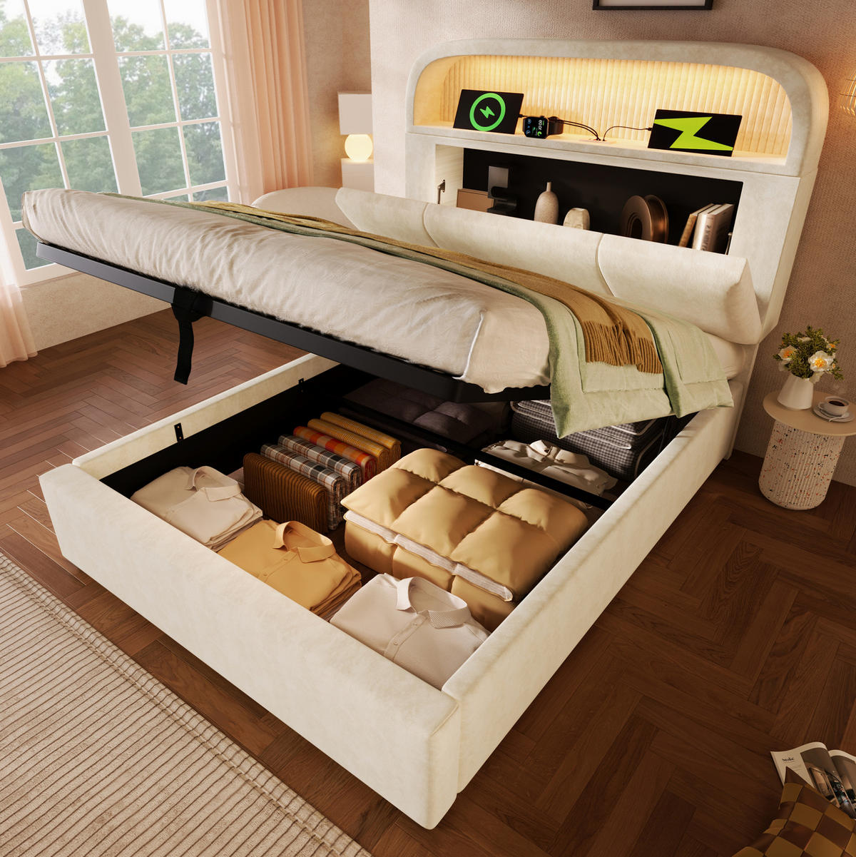 SAMT-POLSTERBETT 90/200 cm mit Bettkasten, LED-Beleuchtung und gepolstertem Kopfteil - Beige, Textil (90/200cm) - BEAOK