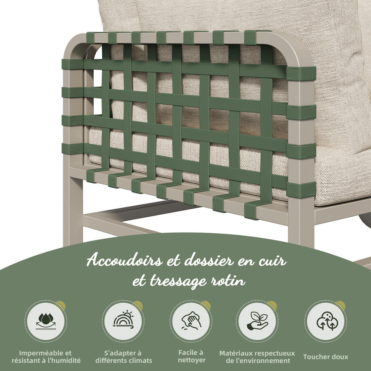 GARTEN Lounge Set 4 bis 5 Sitzer Grünes Leder Rattan Sofa mit Kissen Balkonset für Garten und Terrasse Aprikose - Creme, Metall - FLIEKS