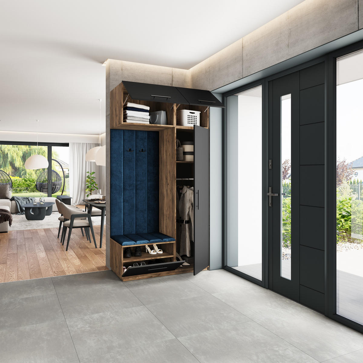 GARDEROBENSCHRANK REMA 120/240/60 cm Modern Garderobe-Set Eiche Lefkas - Blau/Eichefarben, Holzwerkstoff (120/240/60cm) - MASSENO