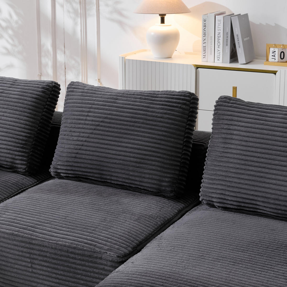 2-SITZER ECKSOFA Cord Dunkelgrau mit Kissen und Becherhalter - Dunkelgrau, Textil (265/176cm) - WISHDOR