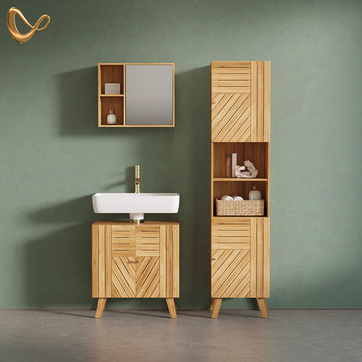 VANITY ENOTA ZA UMIVALNIK Olona, Bambus, 60 x 65 cm z 2 vrati - naravne barve, leseni material (60/65/36cm) - Livinity®
