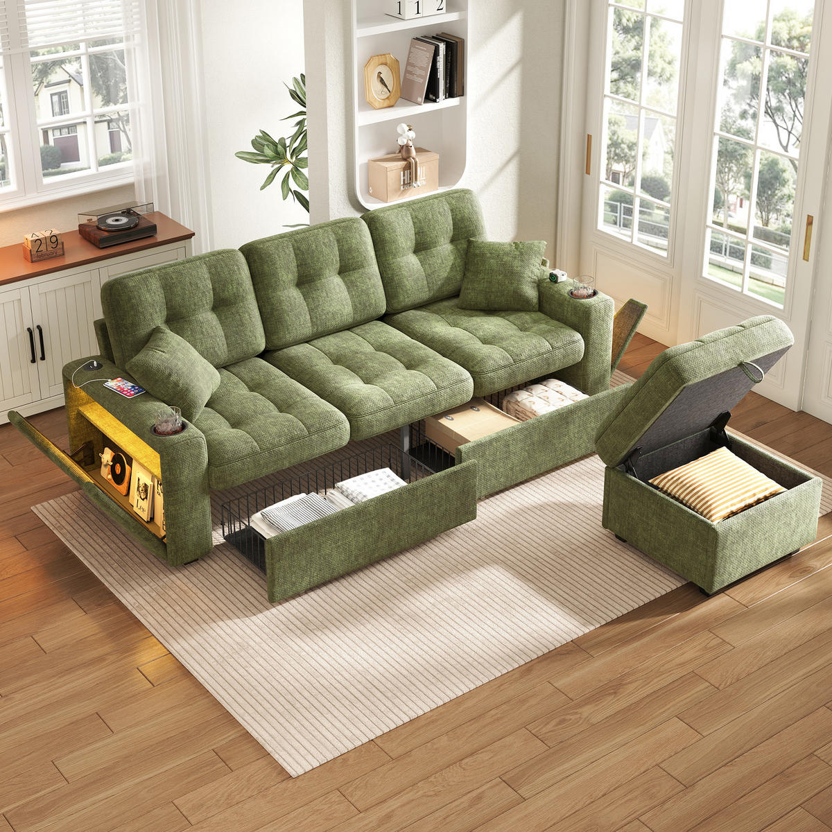 BIGSOFA mit Stauraum-Hocker, USB-C, LED und Getränkehaltern aus Chenille - Grün, Textil (194.5/83/133cm) - EVRYAE
