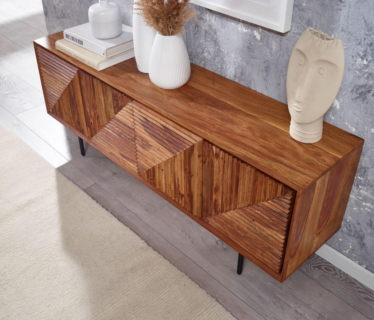 LOWBOARD Massivholz Modern Stil Modell Spectrum mit 3D-Oberfläche und Edelstahl-Gestell - Schwarz/Braun, Holz/Metall (140/54/33cm) - KADIMA DESIGN