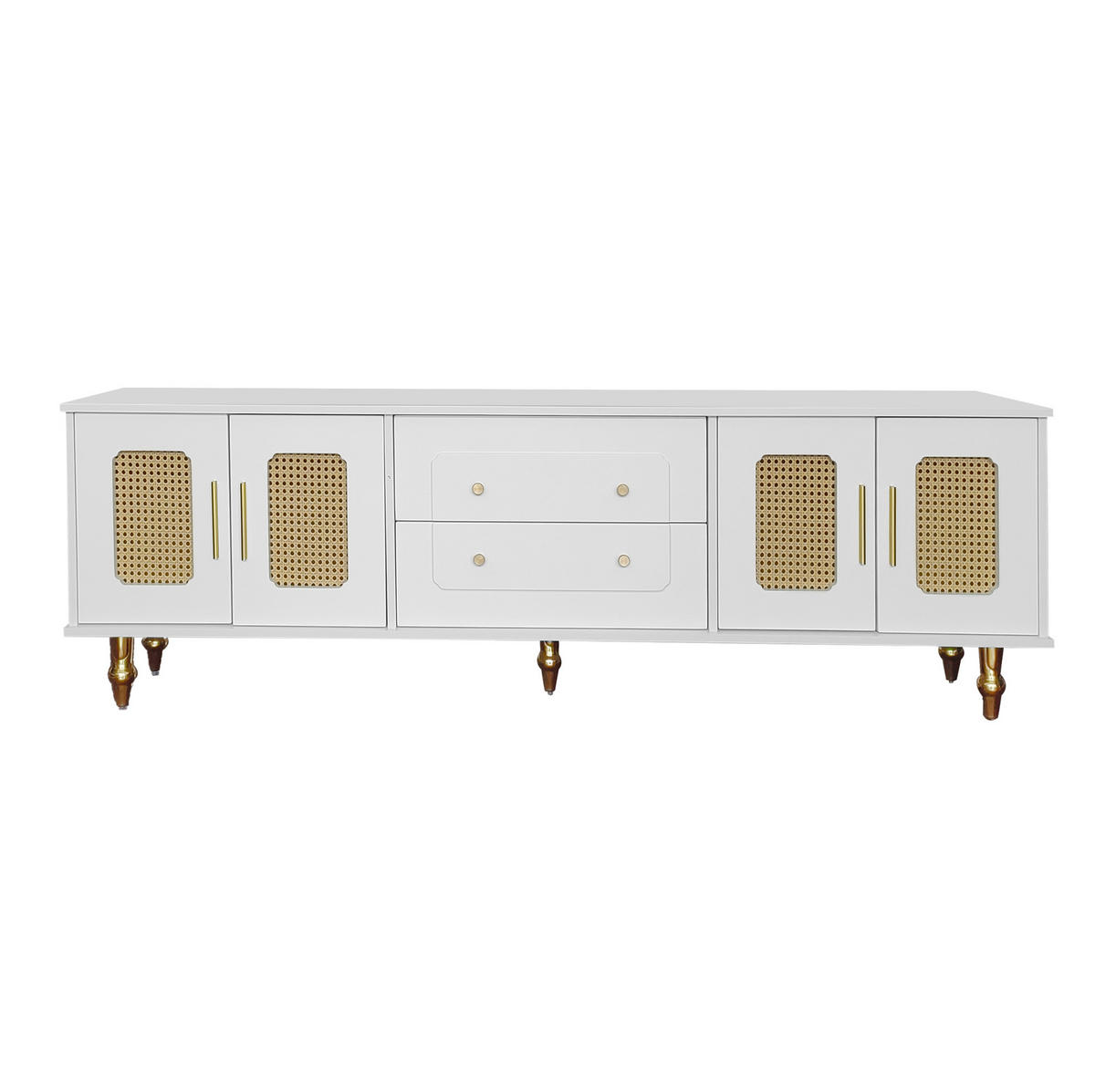 TV-LOWBOARD aus Spanplatte 175x38x55,5 cm Weiß mit Push-to-Open-Schubladen und PVC-Rattantüren - Weiß, Holzwerkstoff (175/55.5/38cm) - Modfu