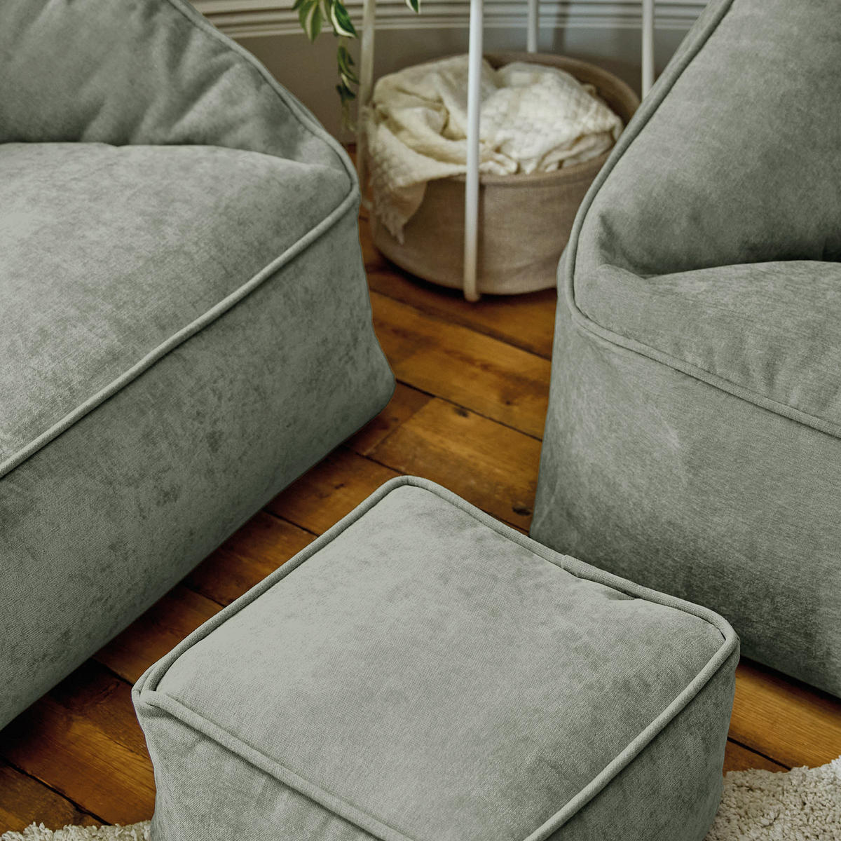 SITZSACK-SET 3 tlg, Sofa Chenille Cecilia, Sitzsack Sessel mit Hocker - Salbeigrün, Kunststoff/Textil (160/70/93cm) - icon