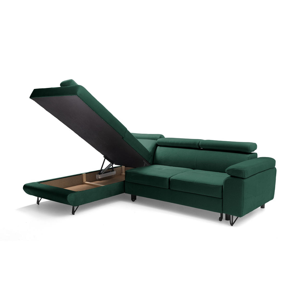ECKSOFA JUNIOR L Links mit Schlaffunktion 194x128 Velours Dunkelgrün - Dunkelgrün/Schwarz, Holz/Textil (249/184cm) - Muffo