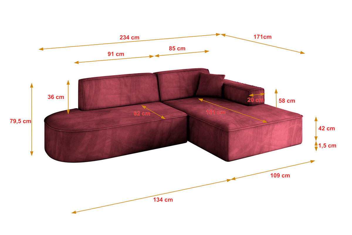 ECKSOFA Ottomane Rechts IREA-L1-v4 - 234x171x79 cm Bordeauxrot - Bordeaux, Holzwerkstoff/Textil (171/234cm) - ALTDECOR