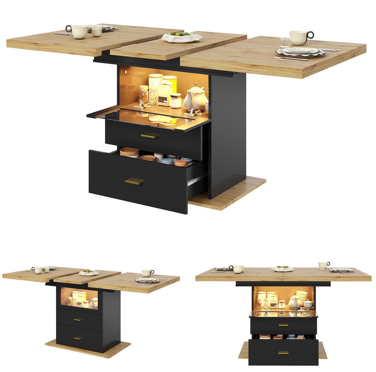 ESSTISCH 110-140x80x75 cm in Natur und Schwarz aus MDF mit LED-Beinen ausziehbar - Naturfarben, Holzwerkstoff (140/80/75cm) - Modfu