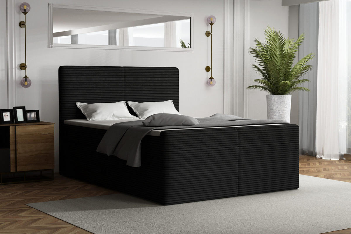 BOXBETT ROCKY 200/200 in Cord Schwarz mit Doppelmatratzen H3 - Schwarz, Holz/Holzwerkstoff (140/200cm) - Deine Möbel 24