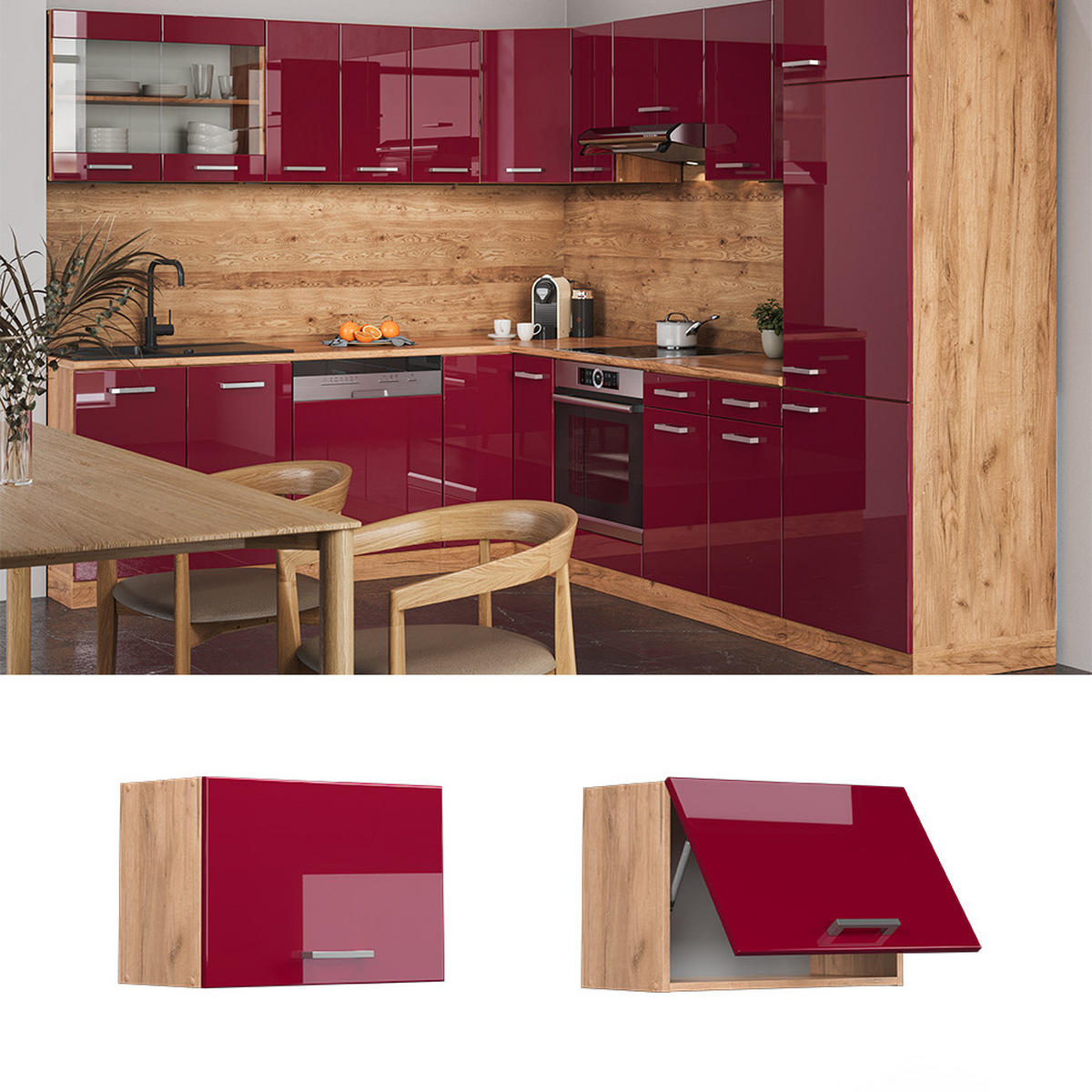 HÄNGESCHRANK R-Line Rot Hochglanz 60 cm Flach - Honigeiche/Eiche Wotan, Holzwerkstoff (60/40/31cm) - Vicco