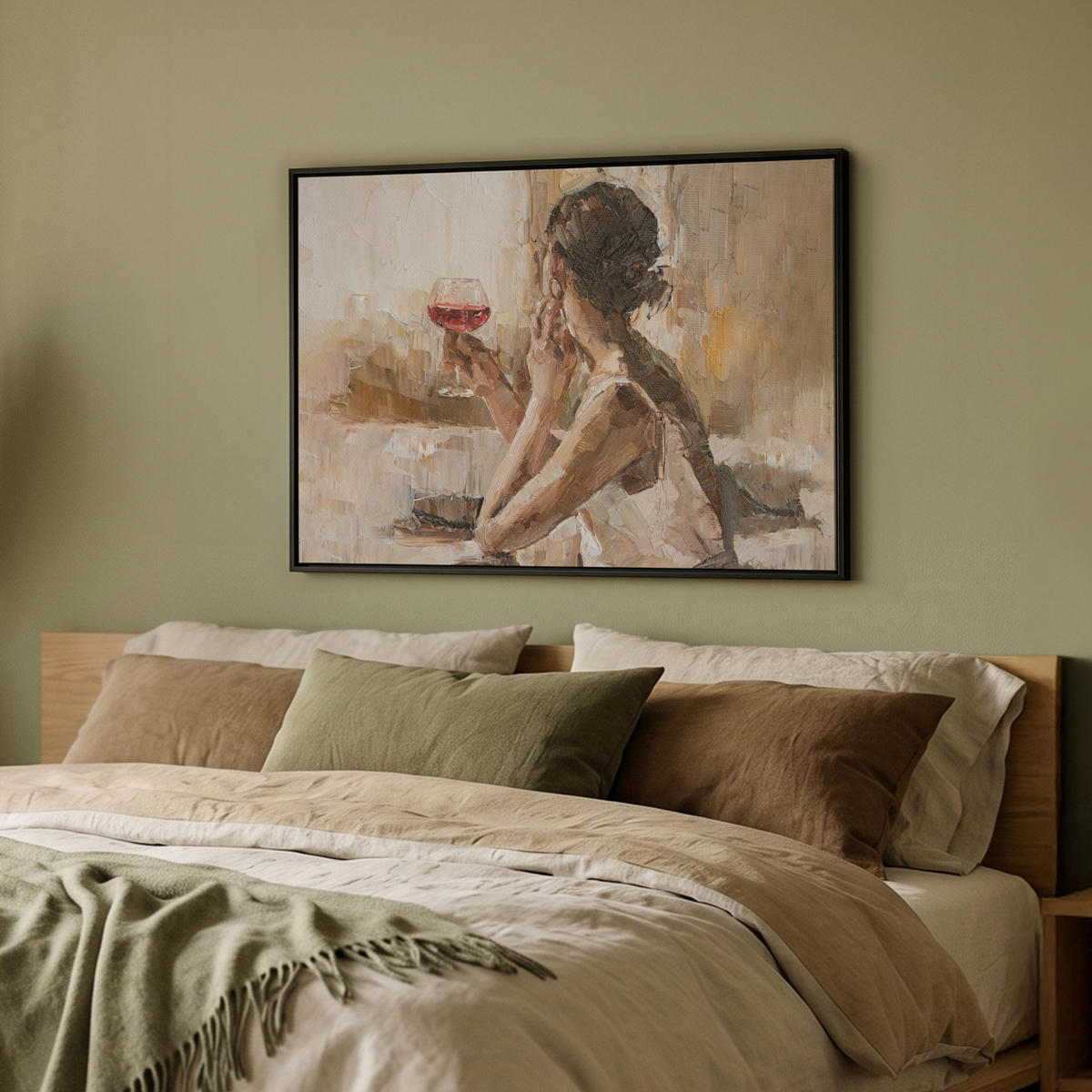 LEINWAND Bilder mit Rahmen - Ölgemälde - Frau - Wein - 80x60 - Hellbraun, Textil (80/60cm) - MuchoWow