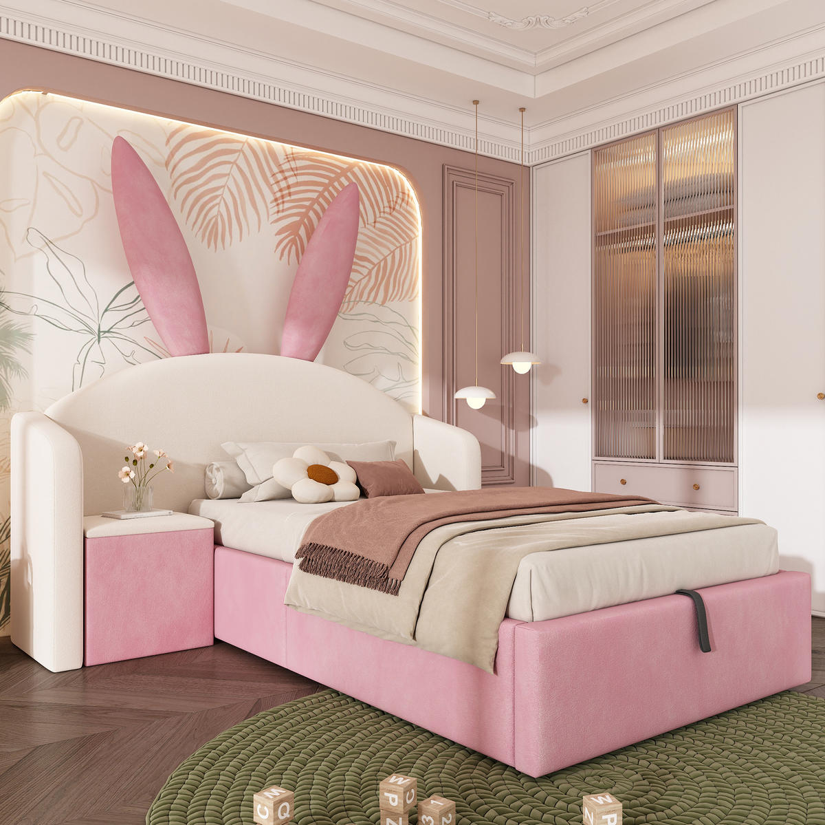 KINDERBETT mit Bettkasten und Nachttisch 90x190 cm Samt Beige und Rosa - Rosa, Metall (90/190cm) - Beauniv