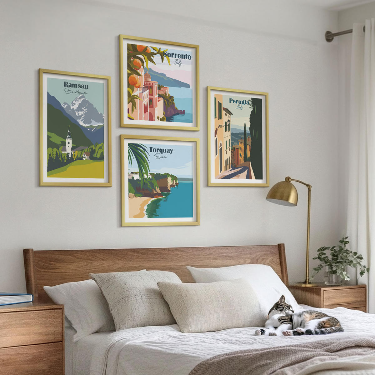 BILDER SET 4er Set - 50x50 cm & 40x60 cm Goldrahmen - Berglandschaften und Städte - Goldfarben, Kunststoff (50/50cm) - TULUP