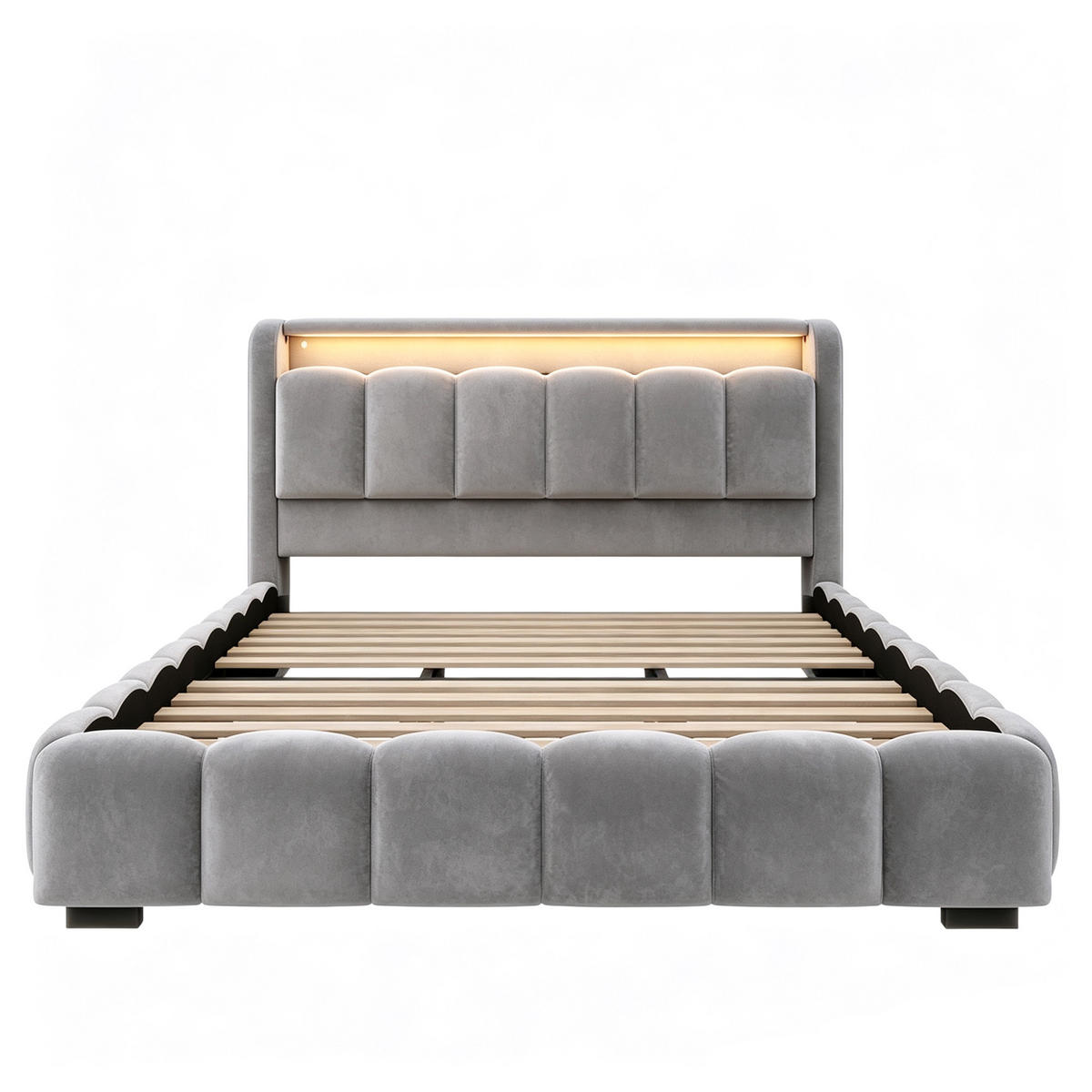 POLSTERBETT 180/200 mit LED/USB, Kopfteil Stauraum, Samt, Grau - Grau, Holz (180/200cm) - LVHOM