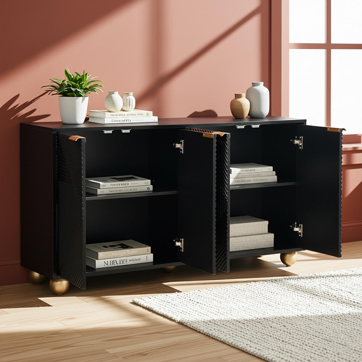 SIDEBOARD 120 cm in Schwarz mit 3D-Relief-Fronten & 4 Türen - Schwarz, Holzwerkstoff/Metall (120/72/35cm) - Urban Meuble