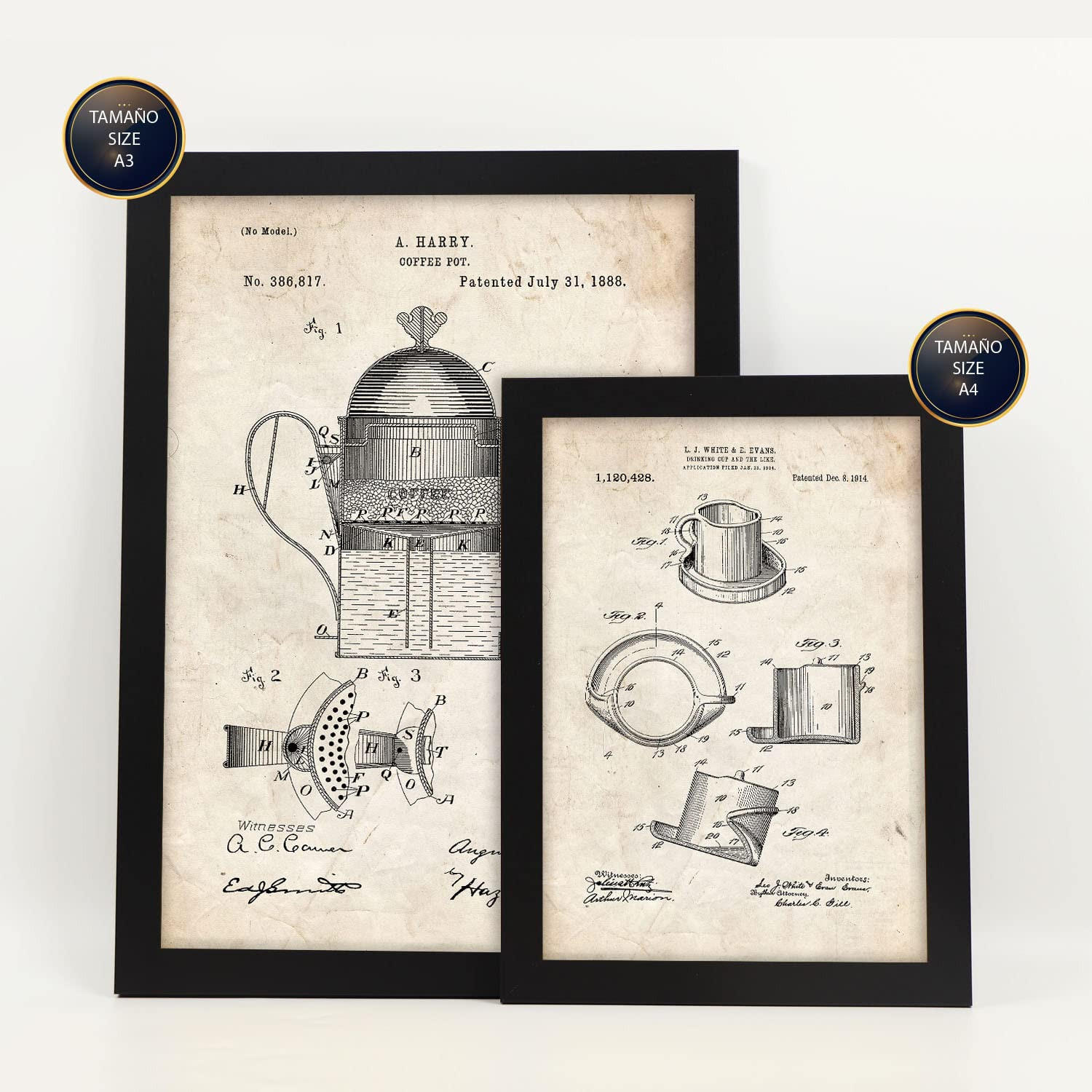 POSTER Set Mit 6 Plakaten Mit Kaffeemaschine Patenten Im Vintage Stil A3 & A4 Schwarzer Rahmen - Schwarz, Papier (29/3cm) - Nacnic