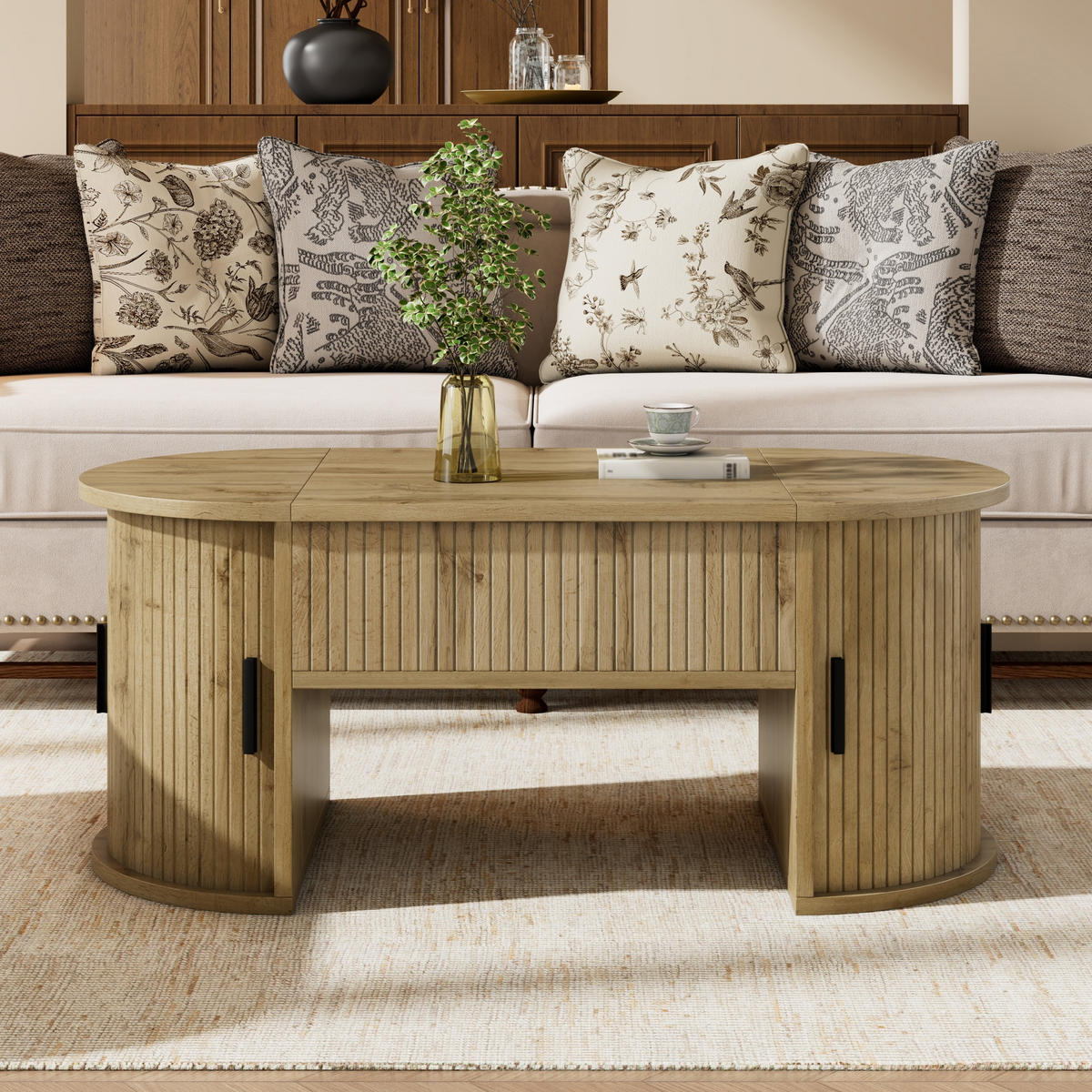 COUCHTISCH höhenverstellbar Stauraum Schiebetüren - Eichefarben, Holz (50/100/40.5cm) - LEBENLANG