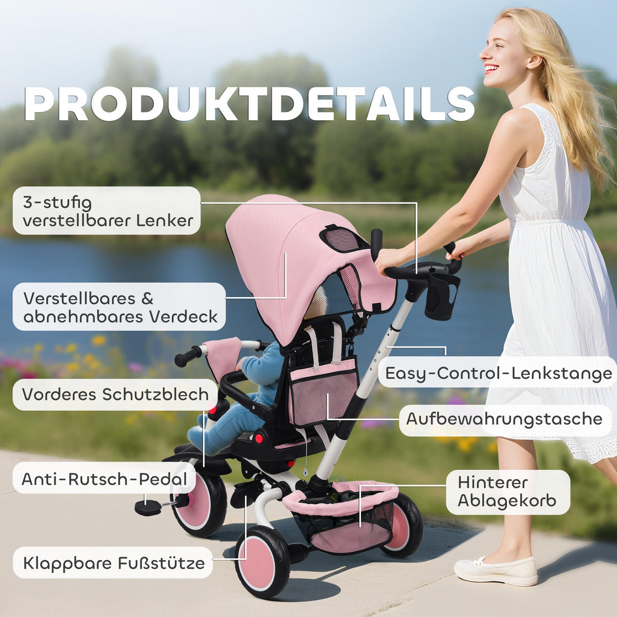 KINDERDREIRAD DE-10488 6-in-1 Buggy mit Schiebegriff Schwarz - Pink, Metall (111.5/52/98cm) - ComfortXL