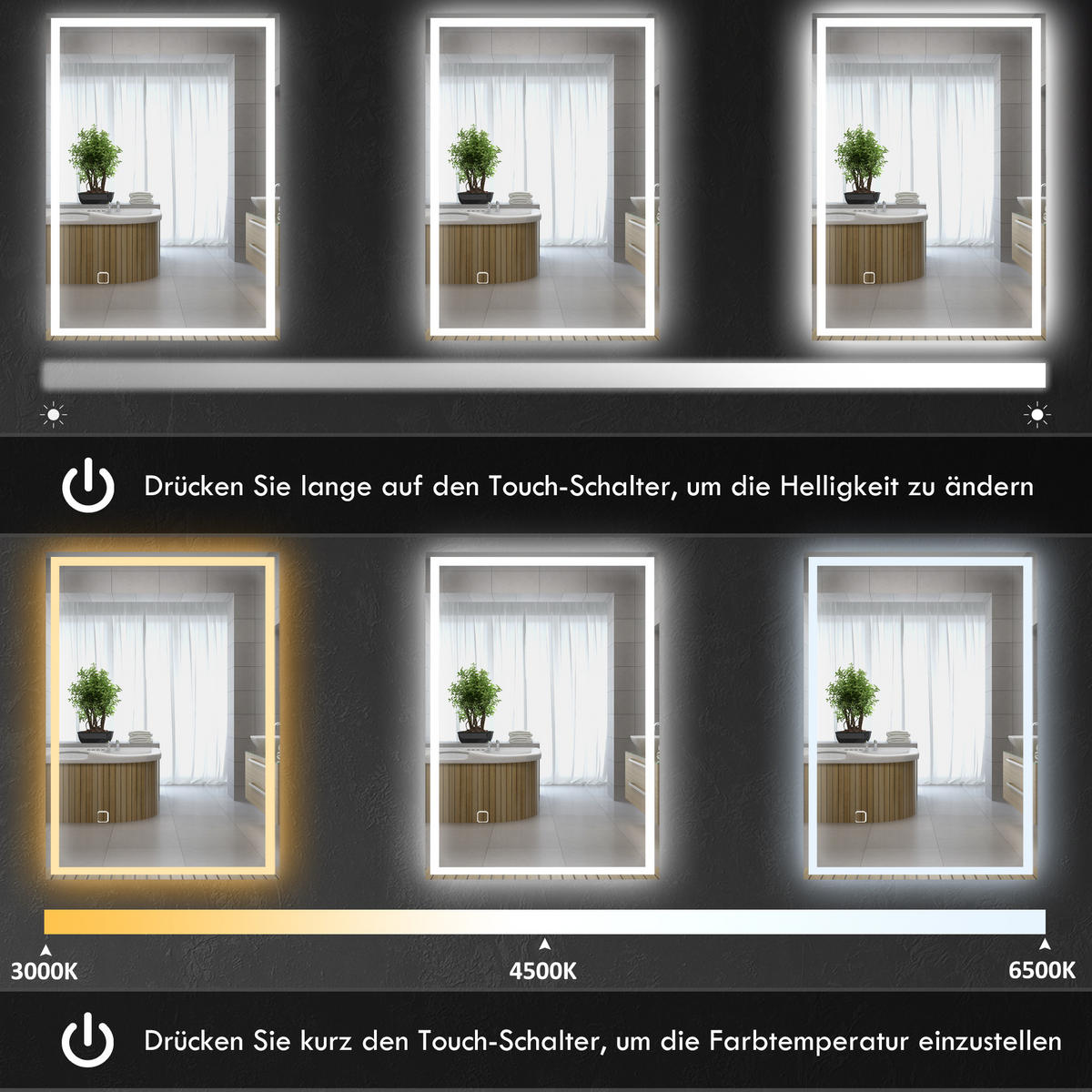 BADSPIEGEL, mit LED-Leuchte, 70 x 50 cm, beschlagfrei, mit Touchschalter, IP44 - Silberfarben, Glas (70/4/50cm) - HOMCOM