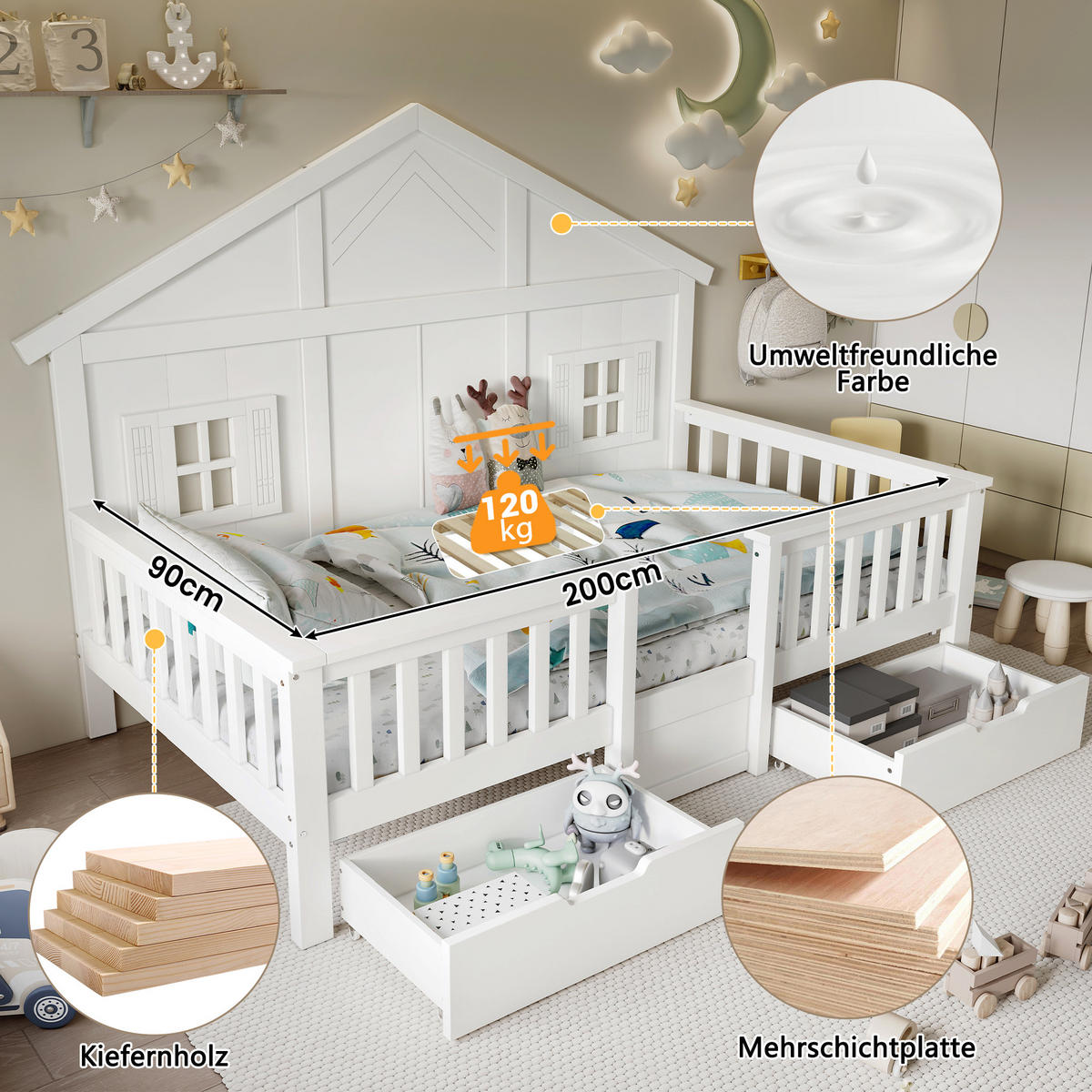 KINDERBETT 90x200 cm Haus Schubladen weiß - Weiß, Holz (90/200cm) - LEBENLANG