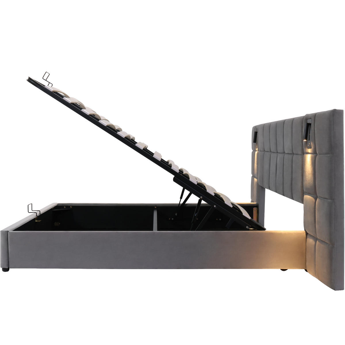 POLSTERBETT 140/200 cm Grau mit hydraulischem Stauraum und Leselicht - Grau, Metall (140/200cm) - OKWISH