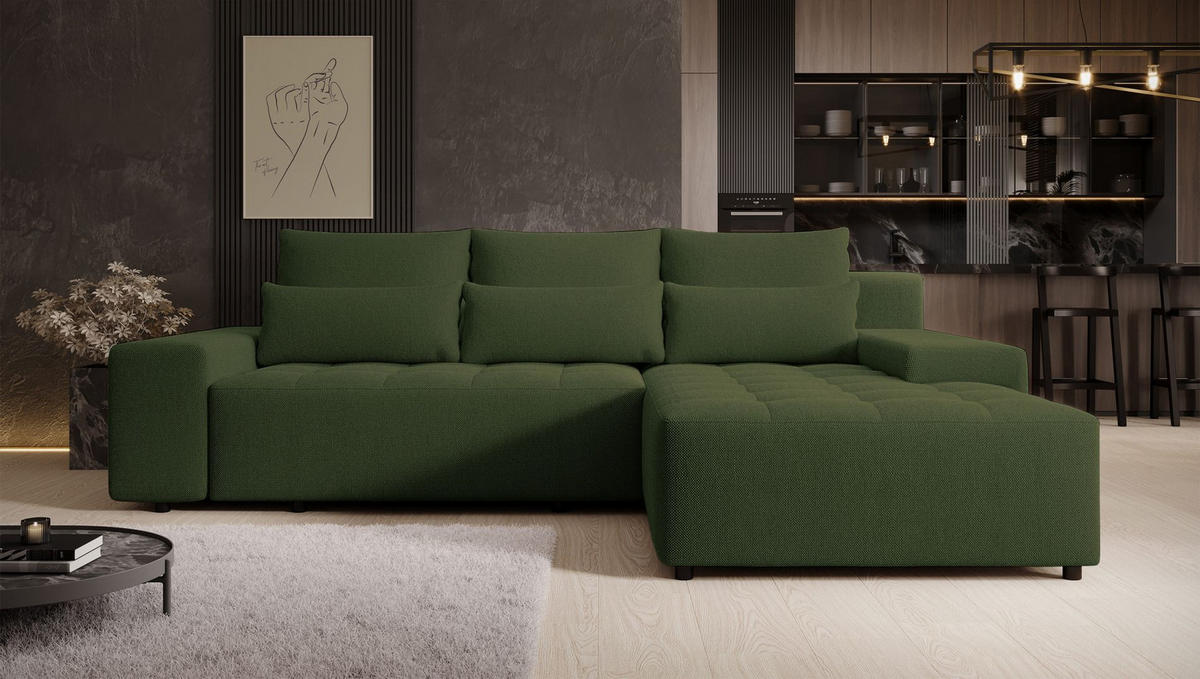 ECKSOFA Neluro Olivgrün Chenille wasserabweisend - Schwarz/Olivgrün, Kunststoff/Textil (268/184cm) - Selsey