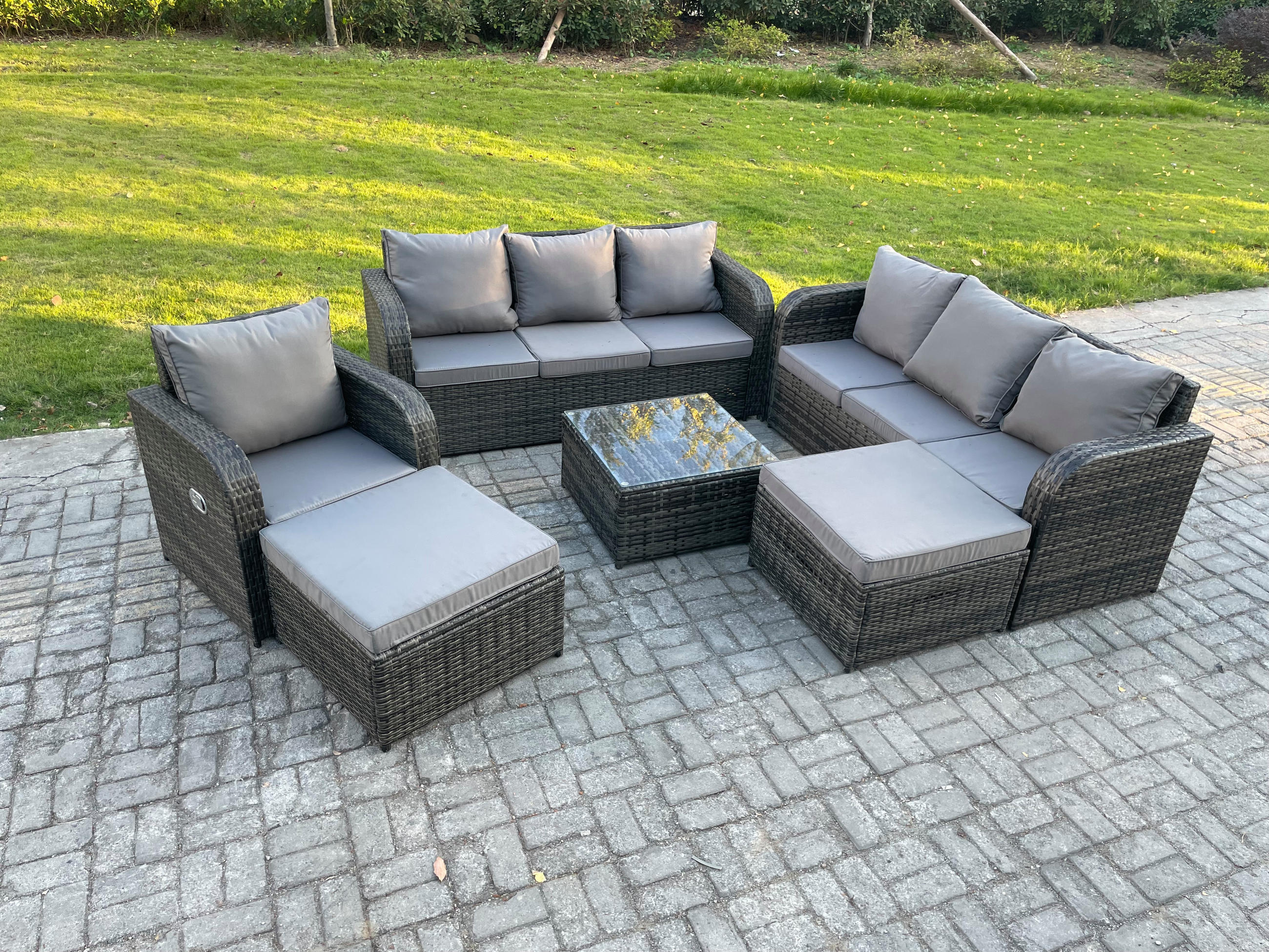 GARTENMÖBEL SET mit 3-SITZER SOFA Polyrattan Dunkelgrau 9-Sitzer - Dunkelgrau/Grau, Glas/Kunststoff - Fimous